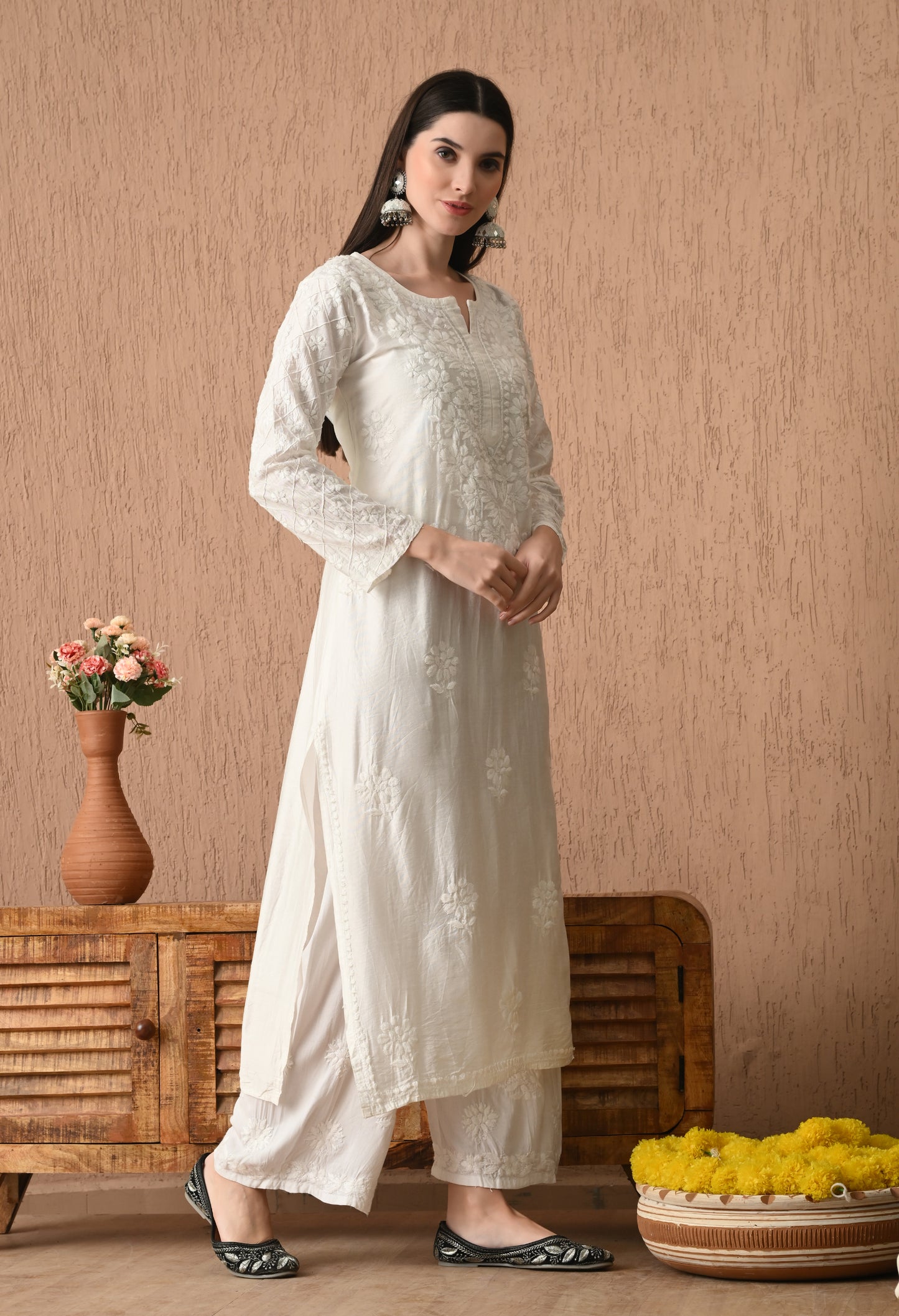 White Chanderi Silk Kurti and Palazzo set