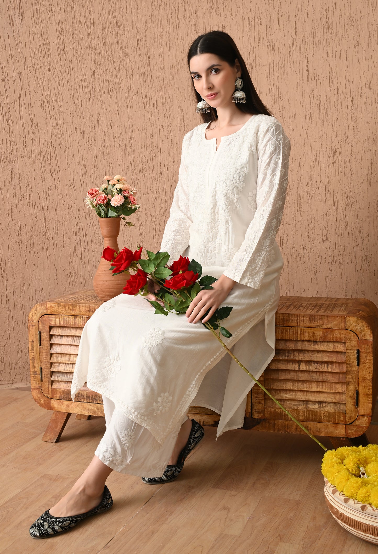 White Chanderi Silk Kurti and Palazzo set