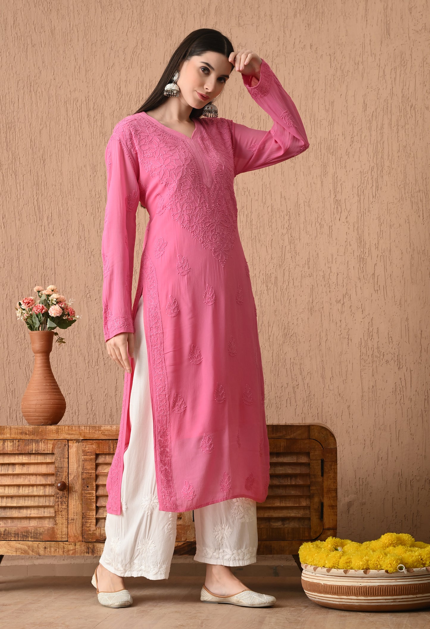 Sana viscose Resham work chikankari kurta with matching slip