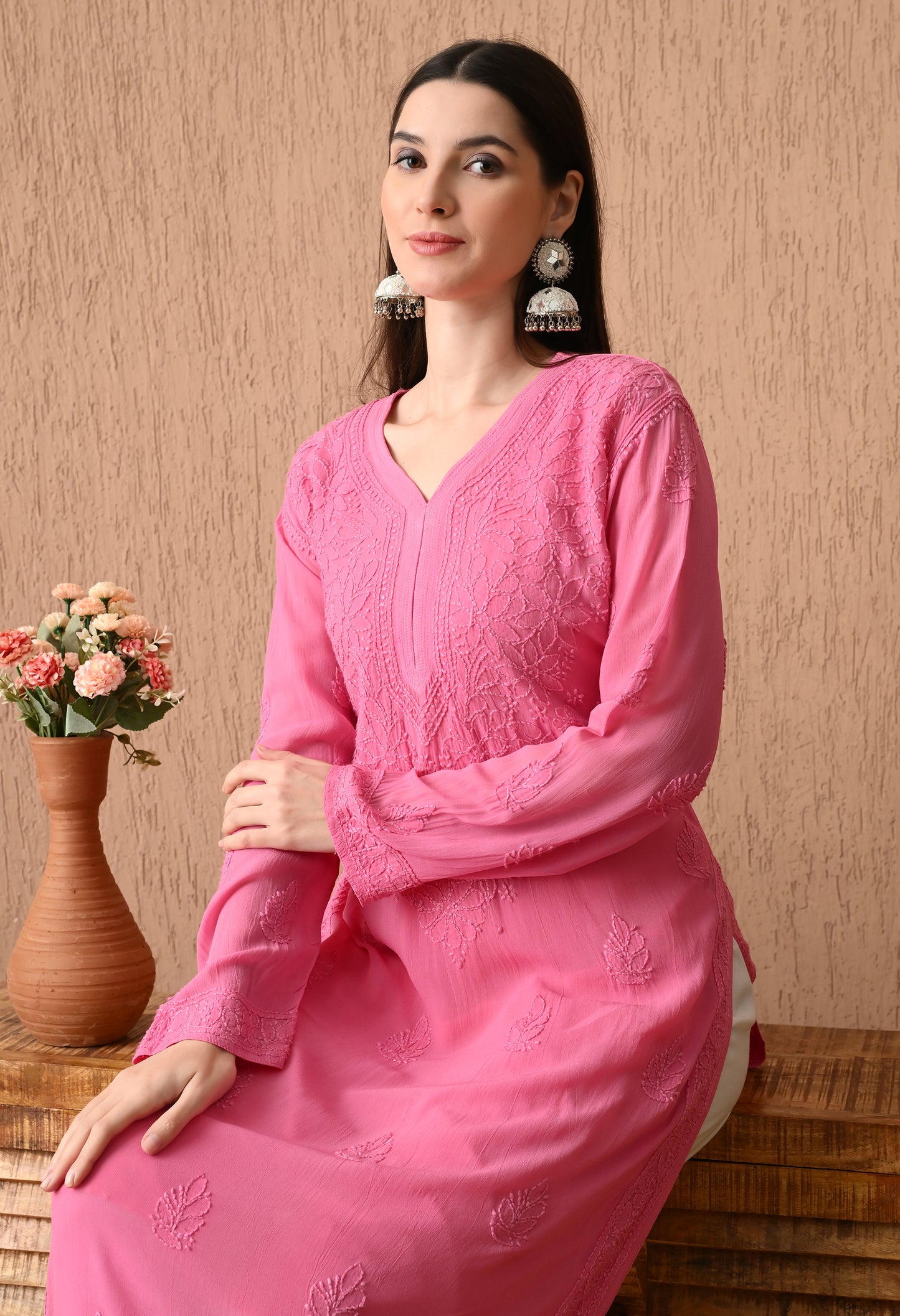 Sana viscose Resham work chikankari kurta with matching slip