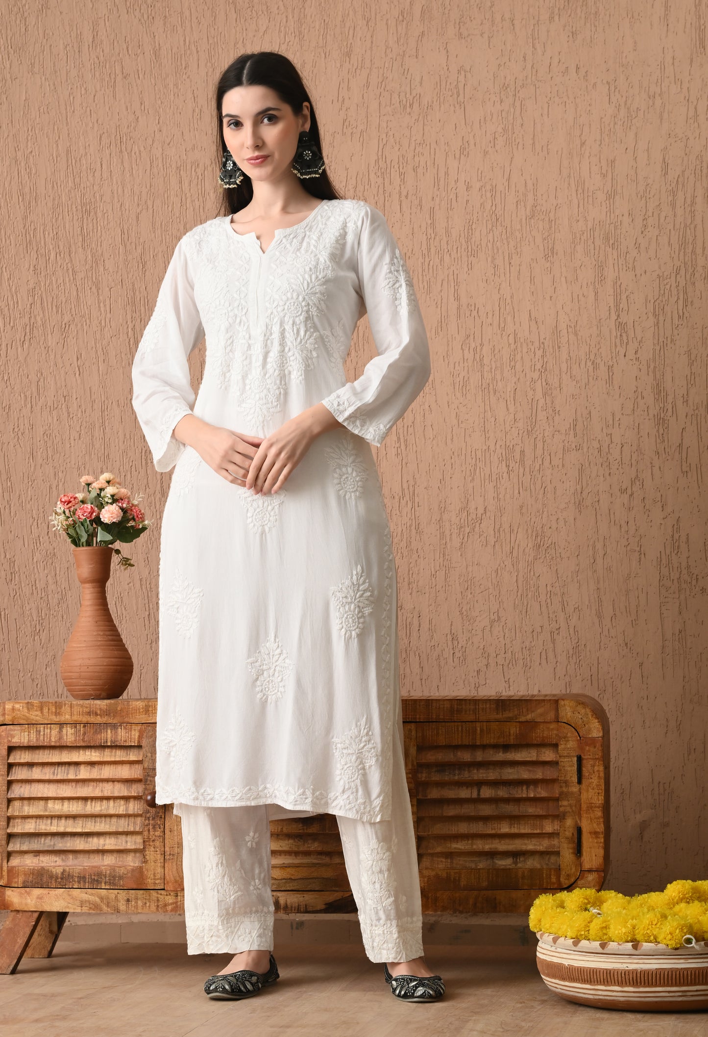 White Rayon cotton long chikankari kurti