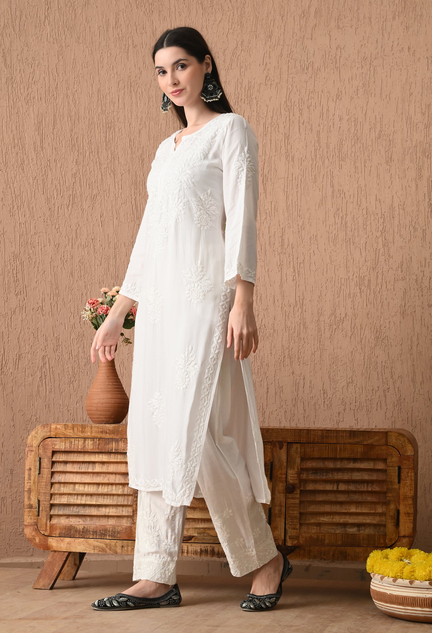 White Rayon cotton long chikankari kurti