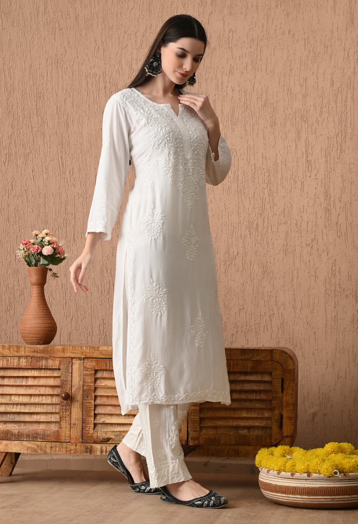 White Rayon cotton long chikankari kurti