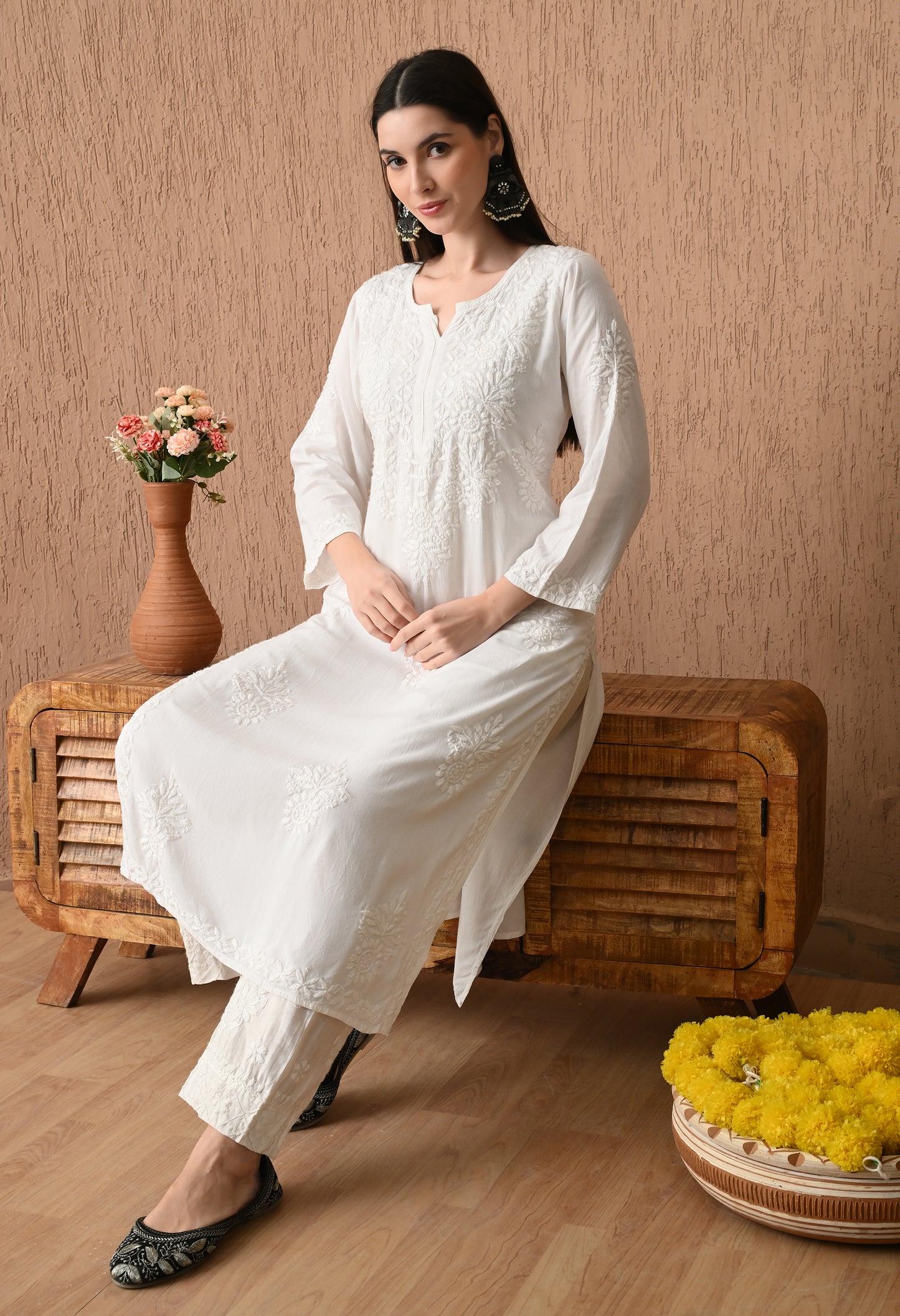 White Rayon cotton long chikankari kurti