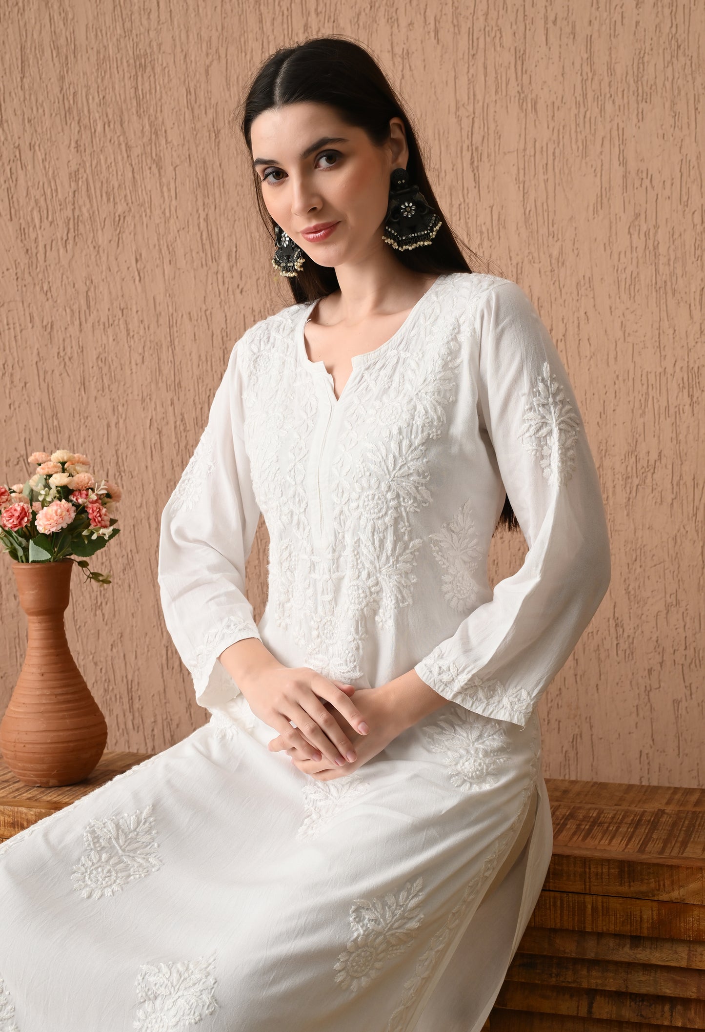 White Rayon cotton long chikankari kurti