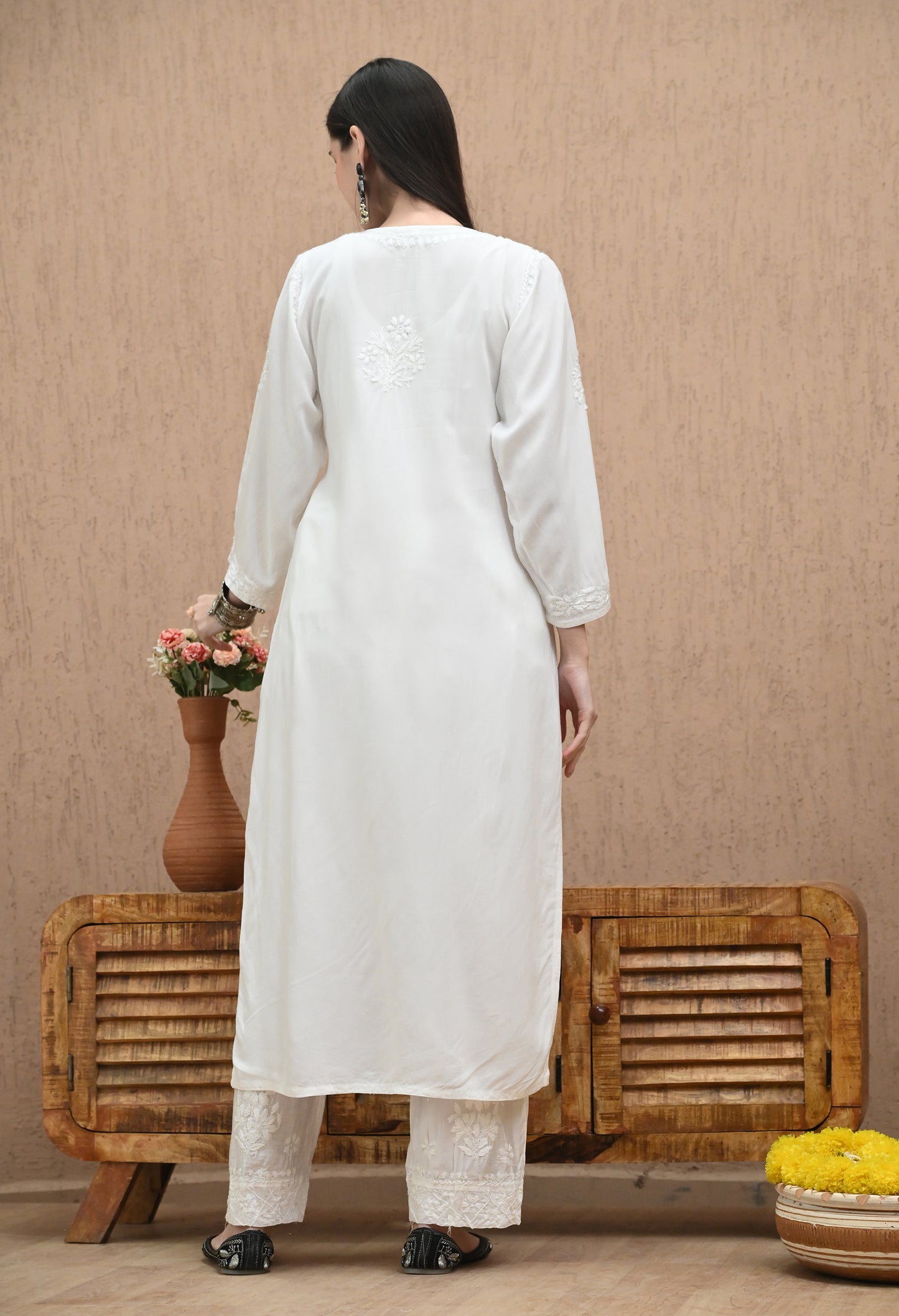 White Rayon cotton long chikankari kurti