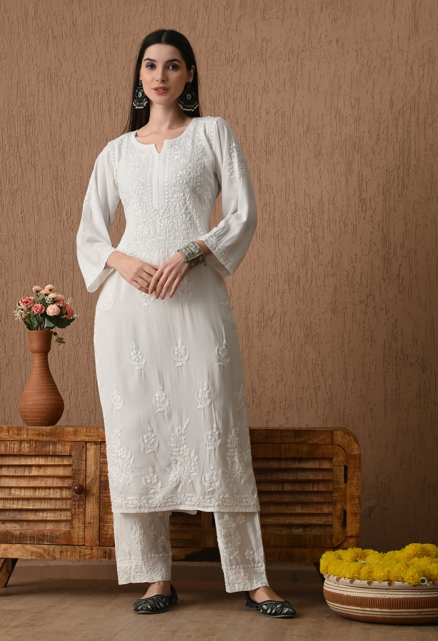 White Rayon cotton long chikankari kurti