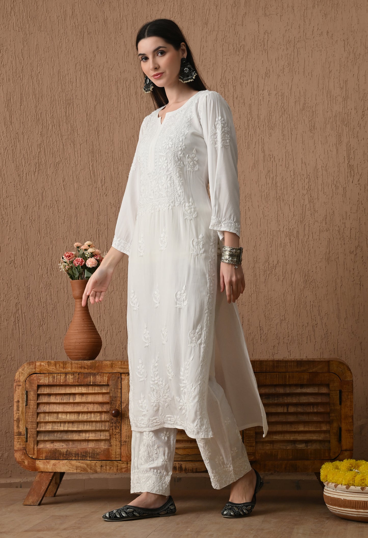 White Rayon cotton long chikankari kurti