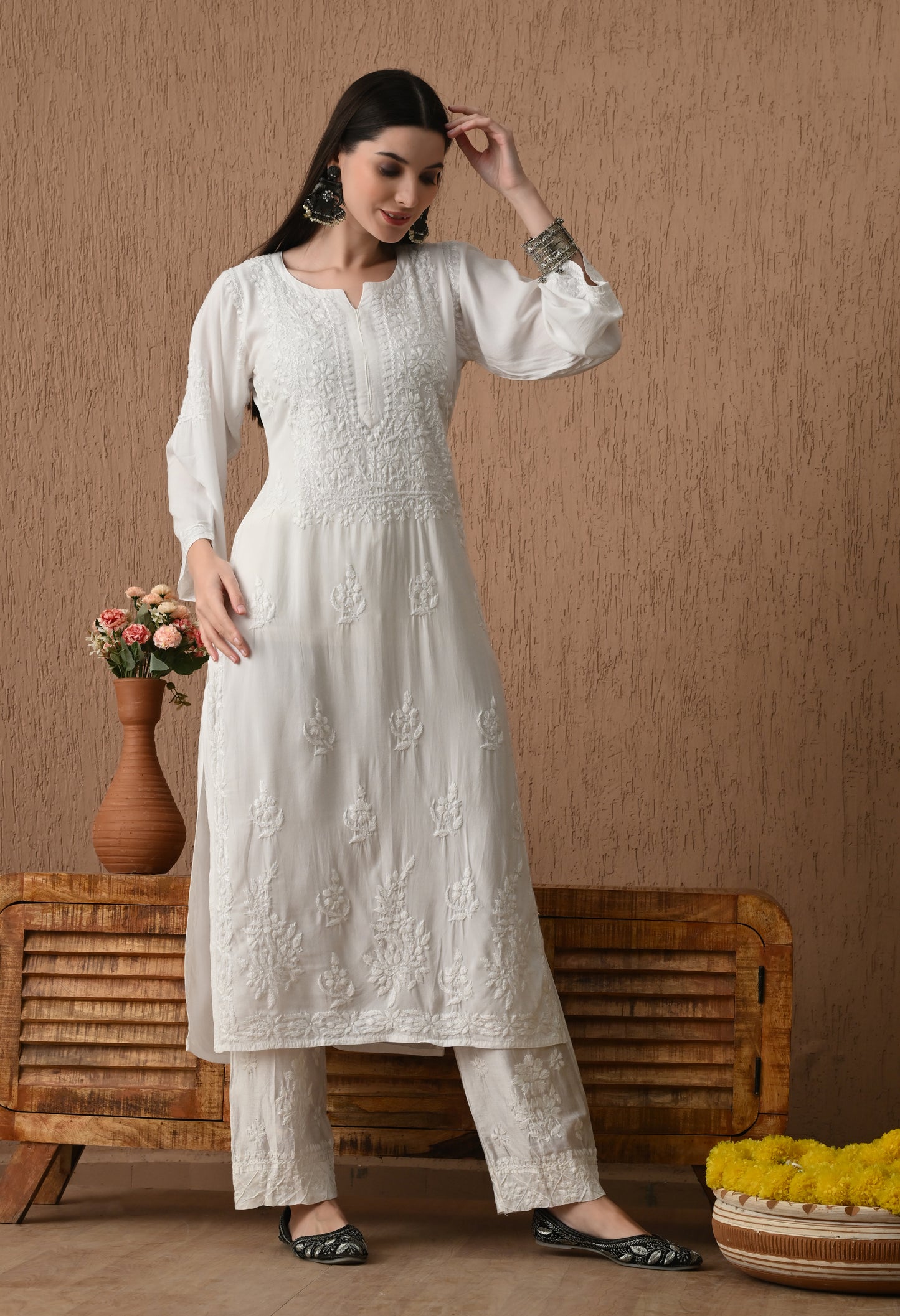 White Rayon cotton long chikankari kurti