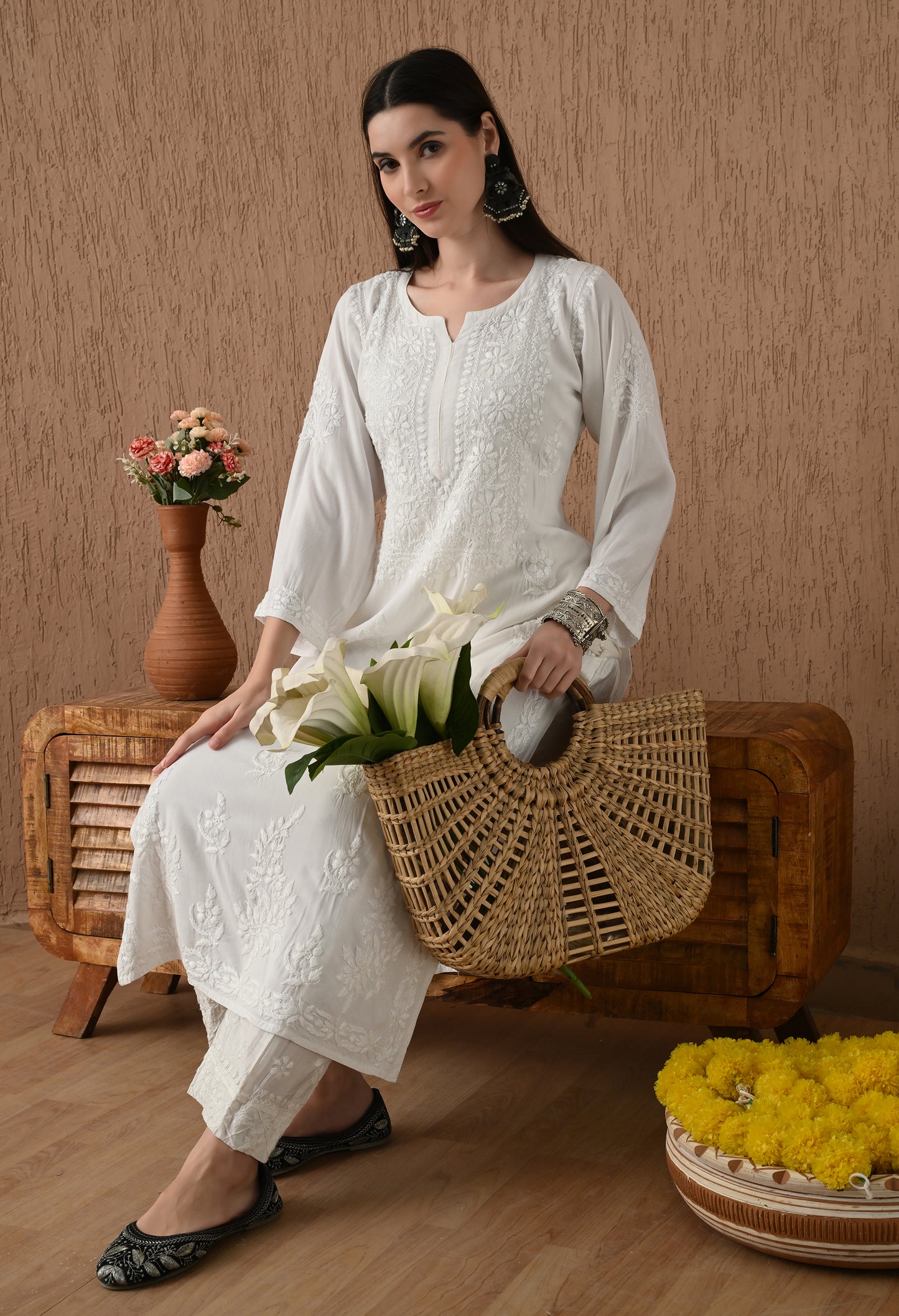 White Rayon cotton long chikankari kurti