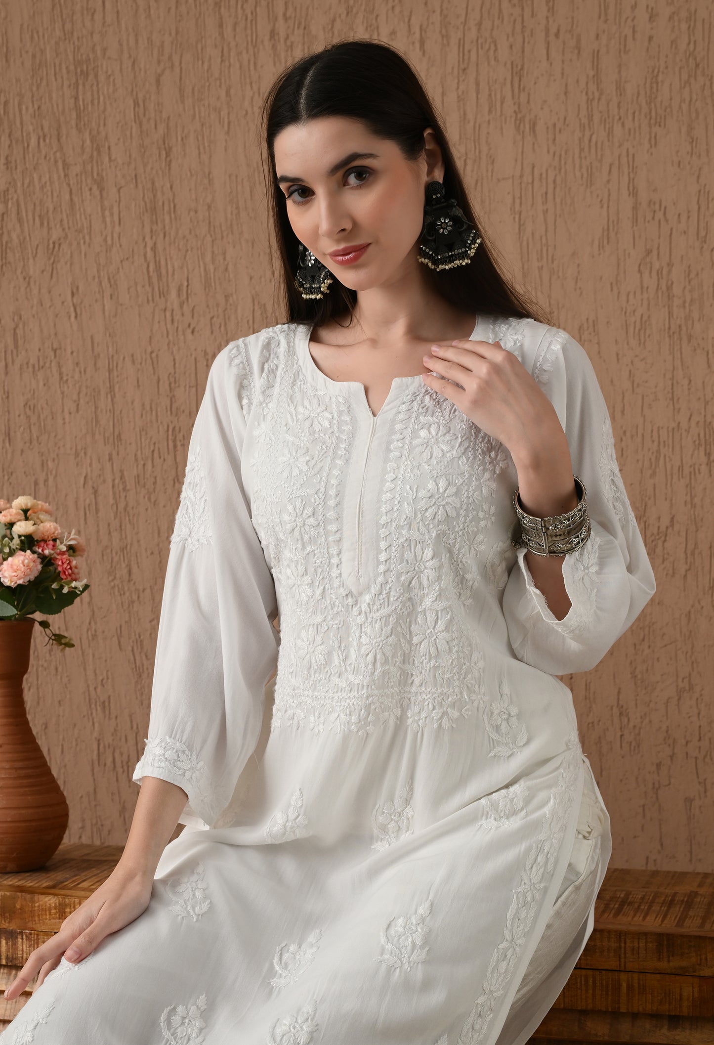 White Rayon cotton long chikankari kurti