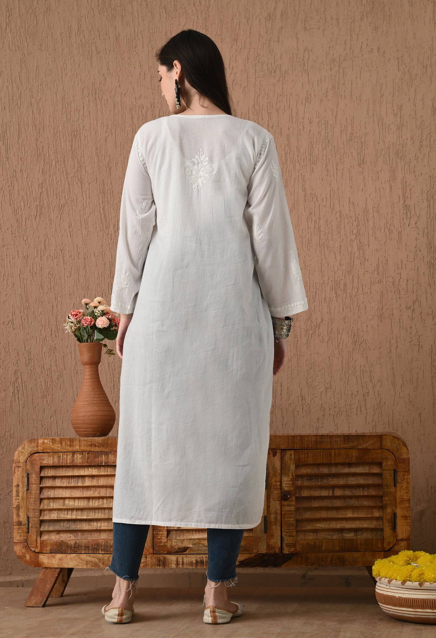 White Mul cotton long chikankari kurti