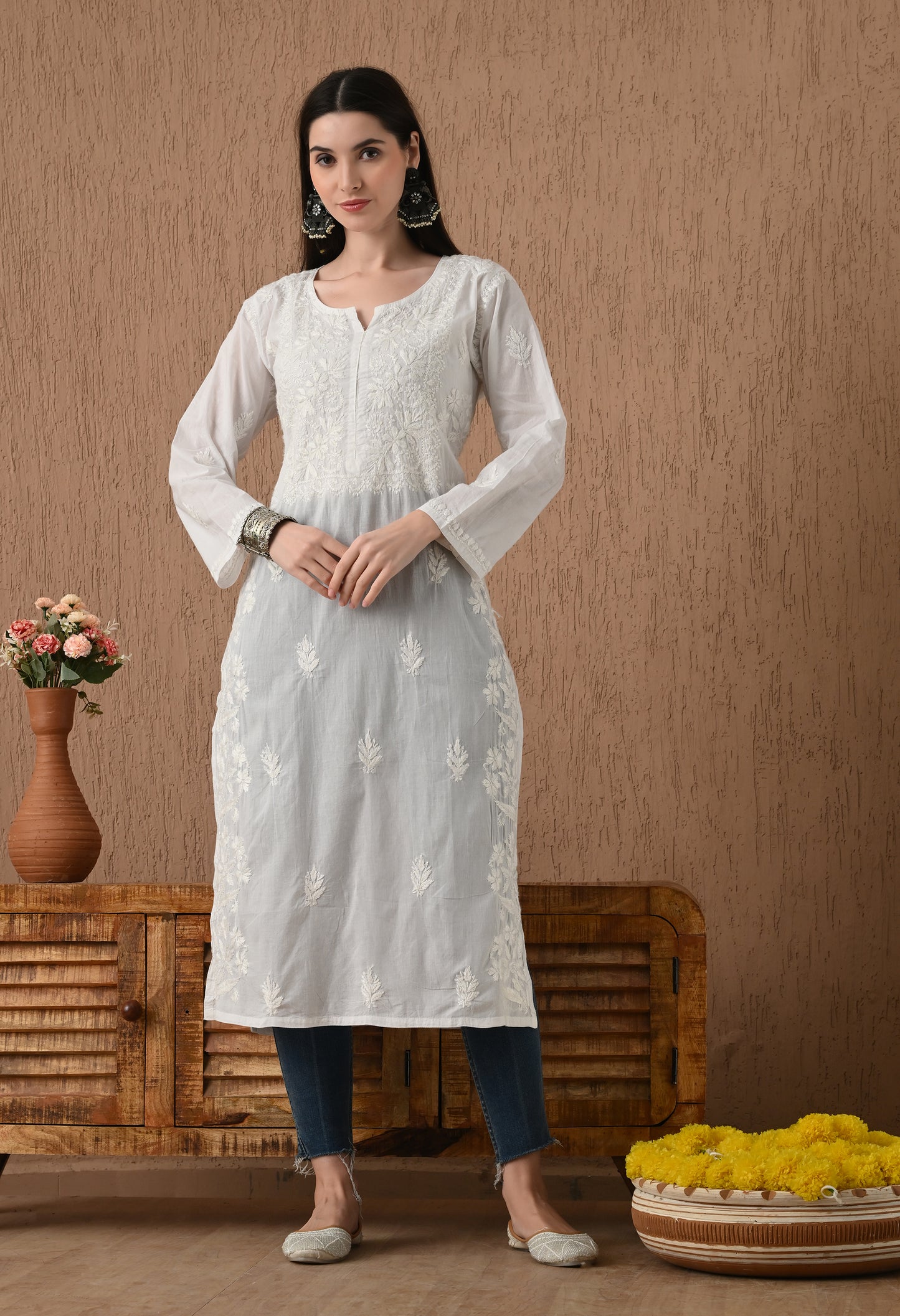 White Mul cotton long chikankari kurti