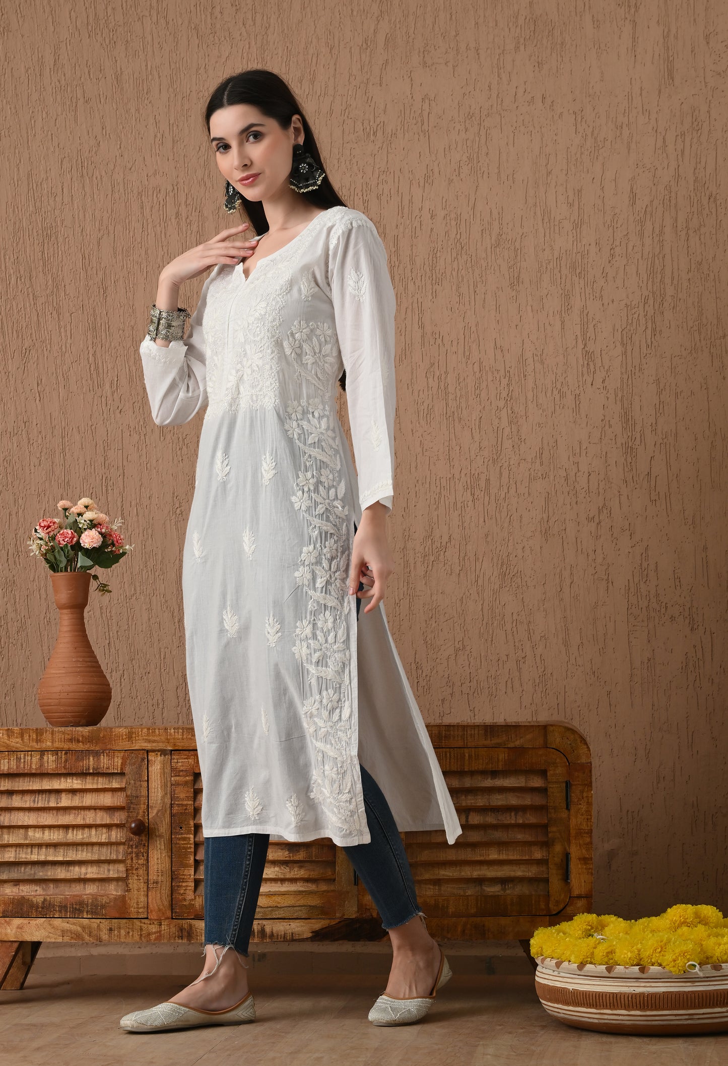 White Mul cotton long chikankari kurti