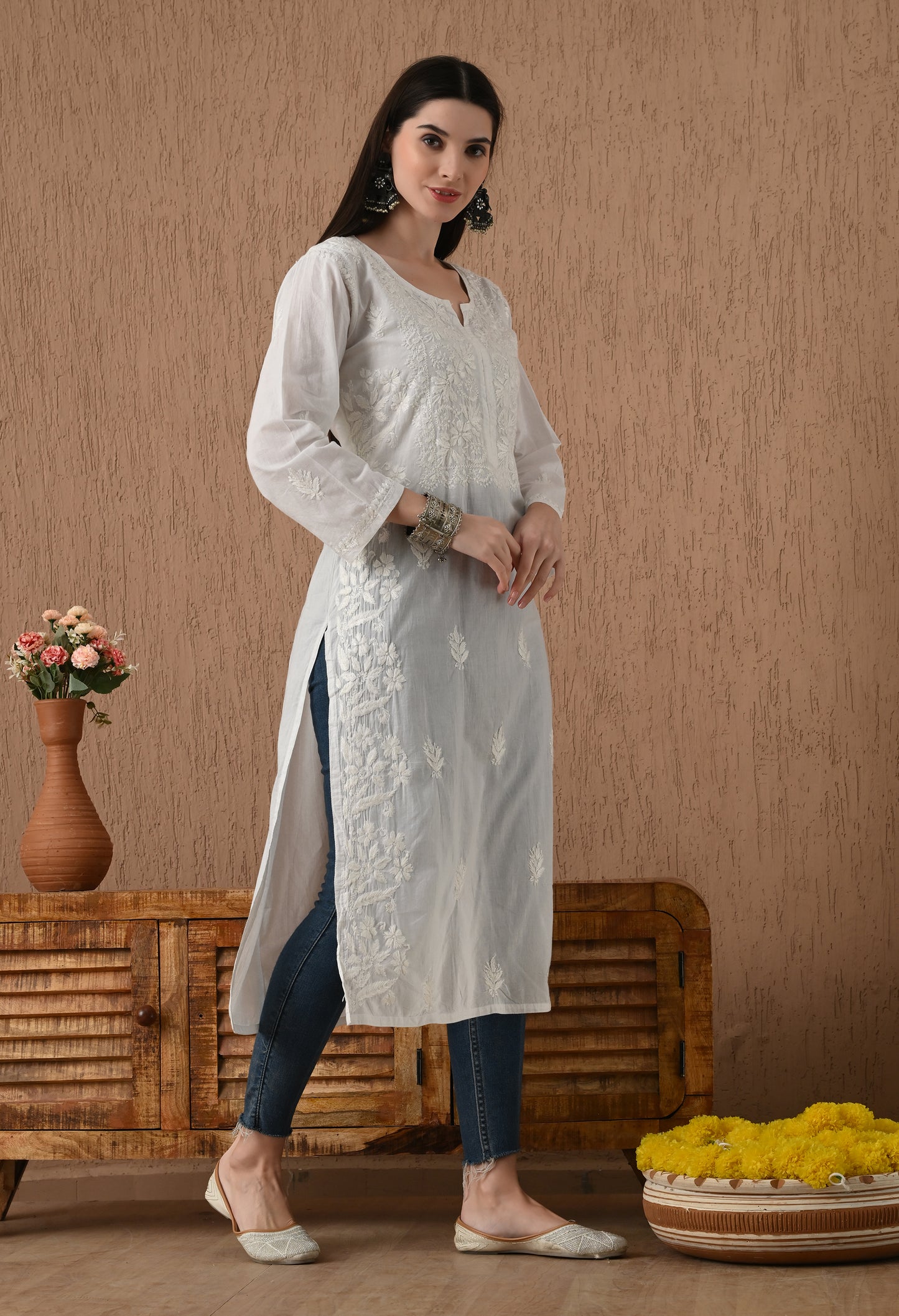 White Mul cotton long chikankari kurti