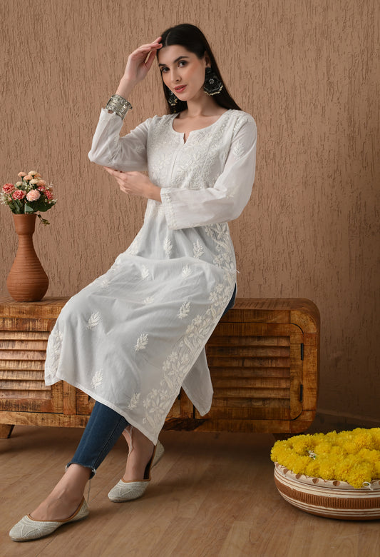 White Mul cotton long chikankari kurti