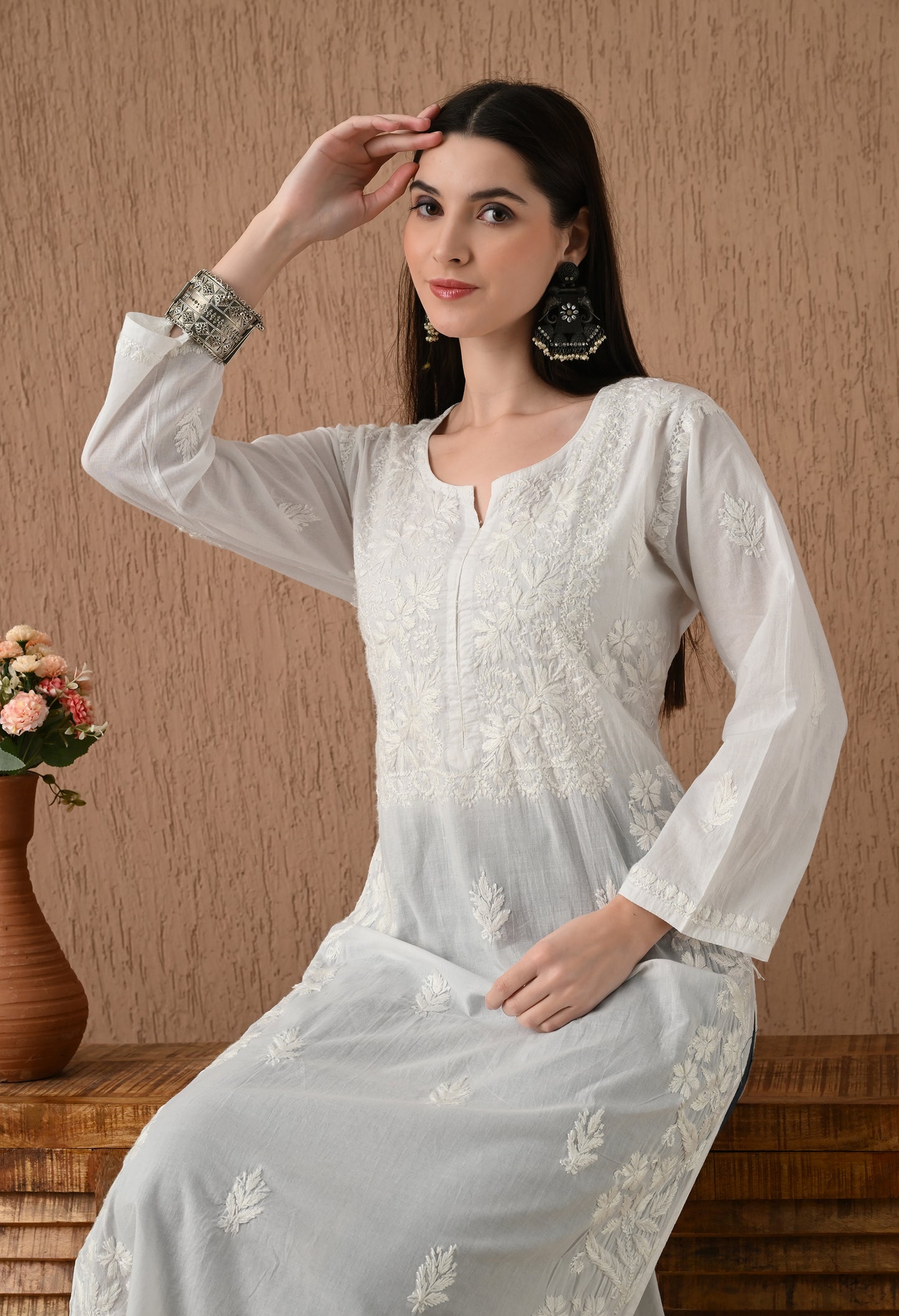 White Mul cotton long chikankari kurti