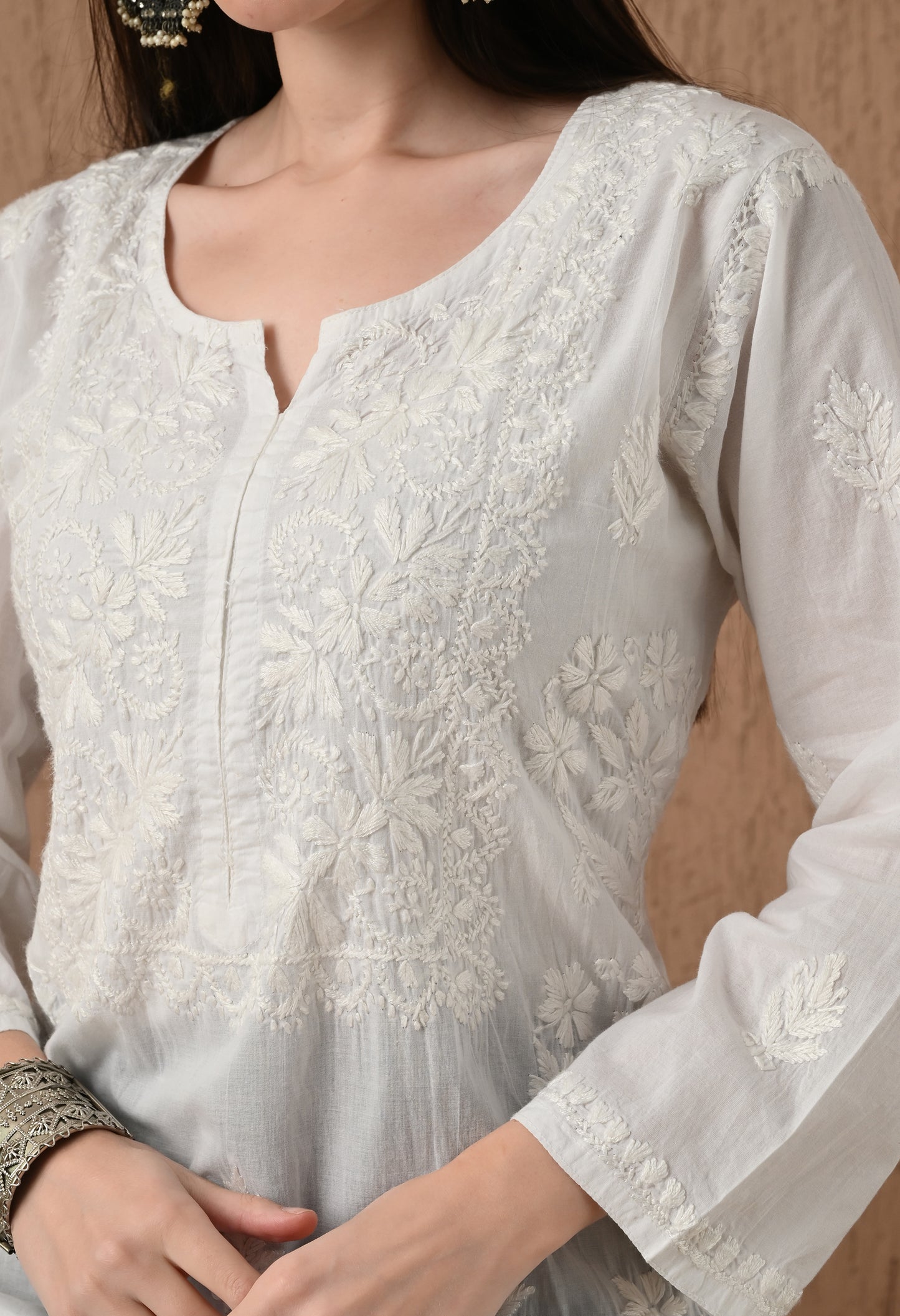 White Mul cotton long chikankari kurti