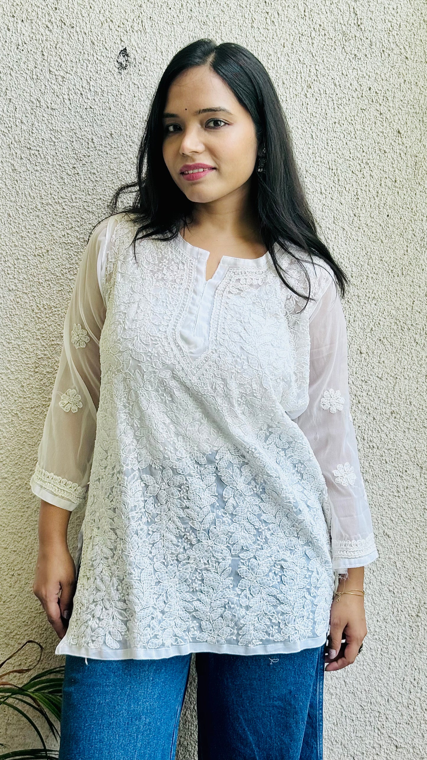 Riva Georgette short chikankari top with matching liner