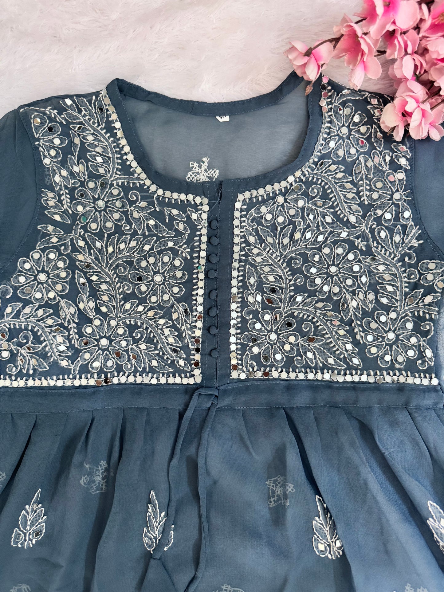 Georgette short mirror work chikankari kurti with matching liner