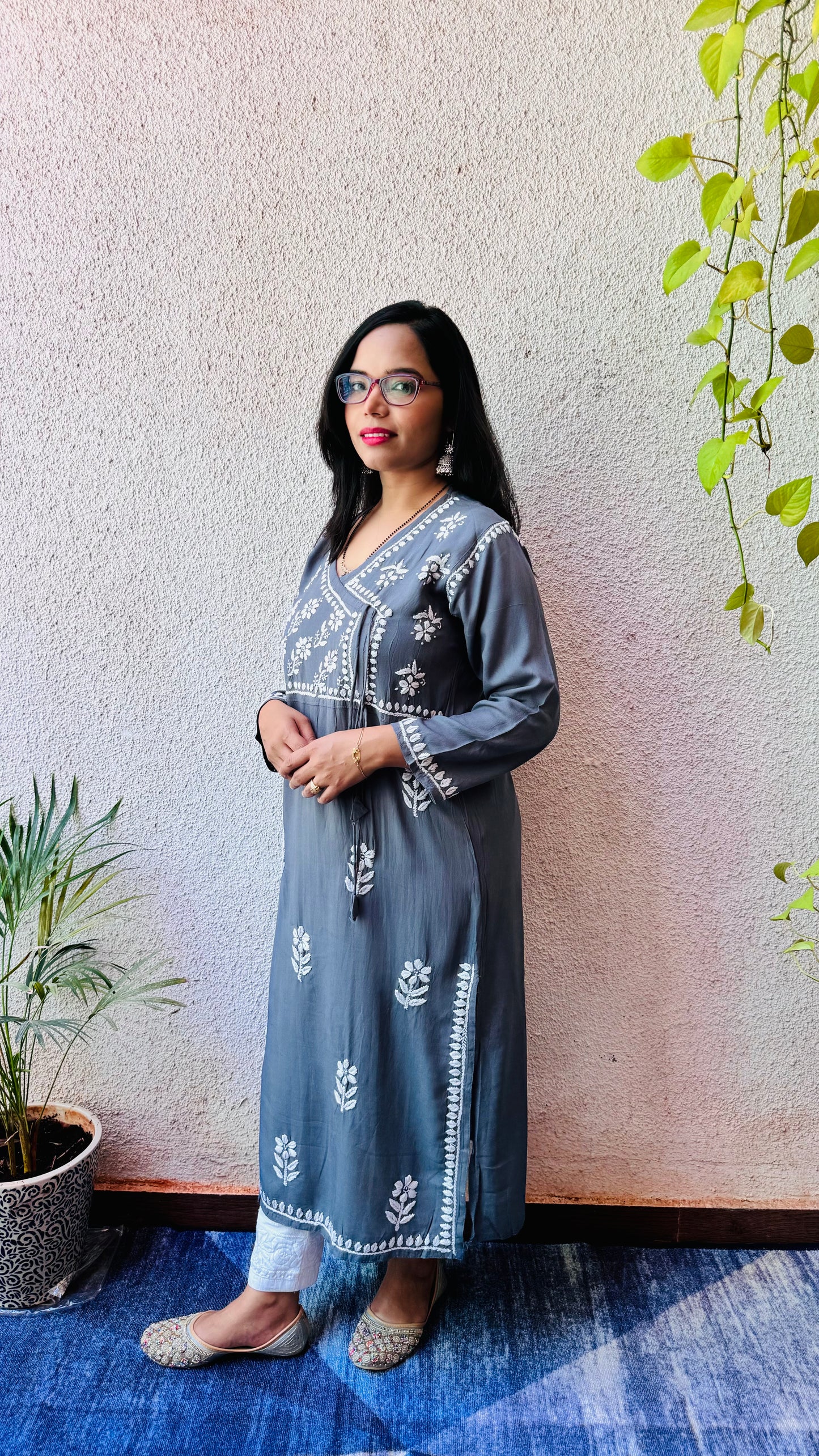 Rayon Chikankari Kurti in Angarkha pattern