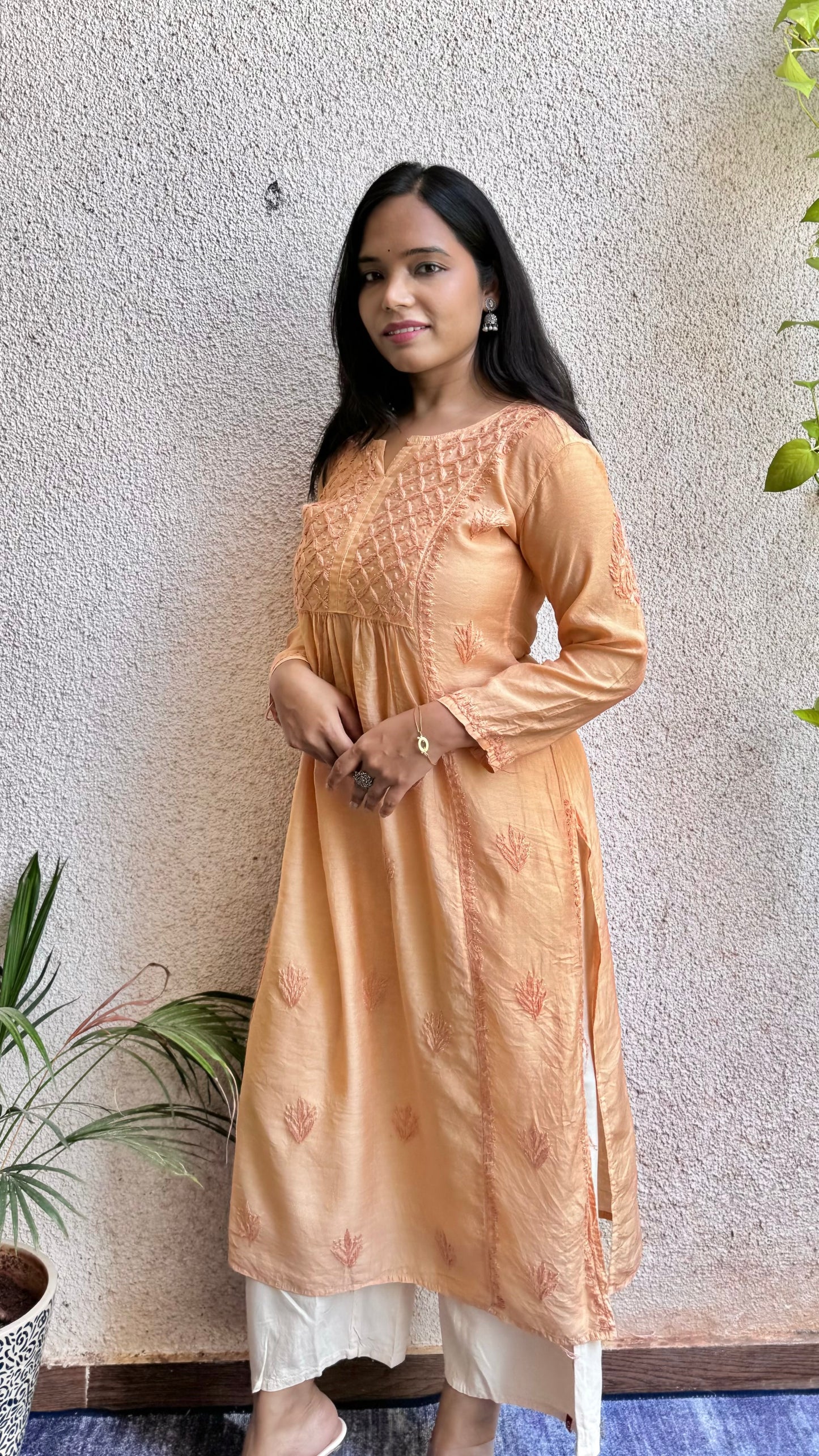 Nyra Chanderi silk Chikankari long kurti