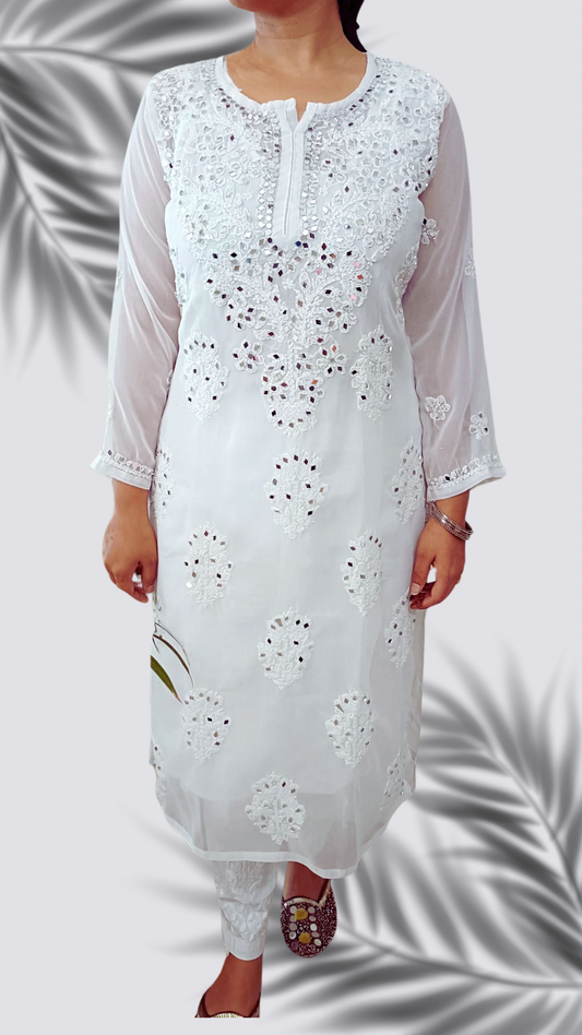 Georgette long chikankari white kurta with mirror work