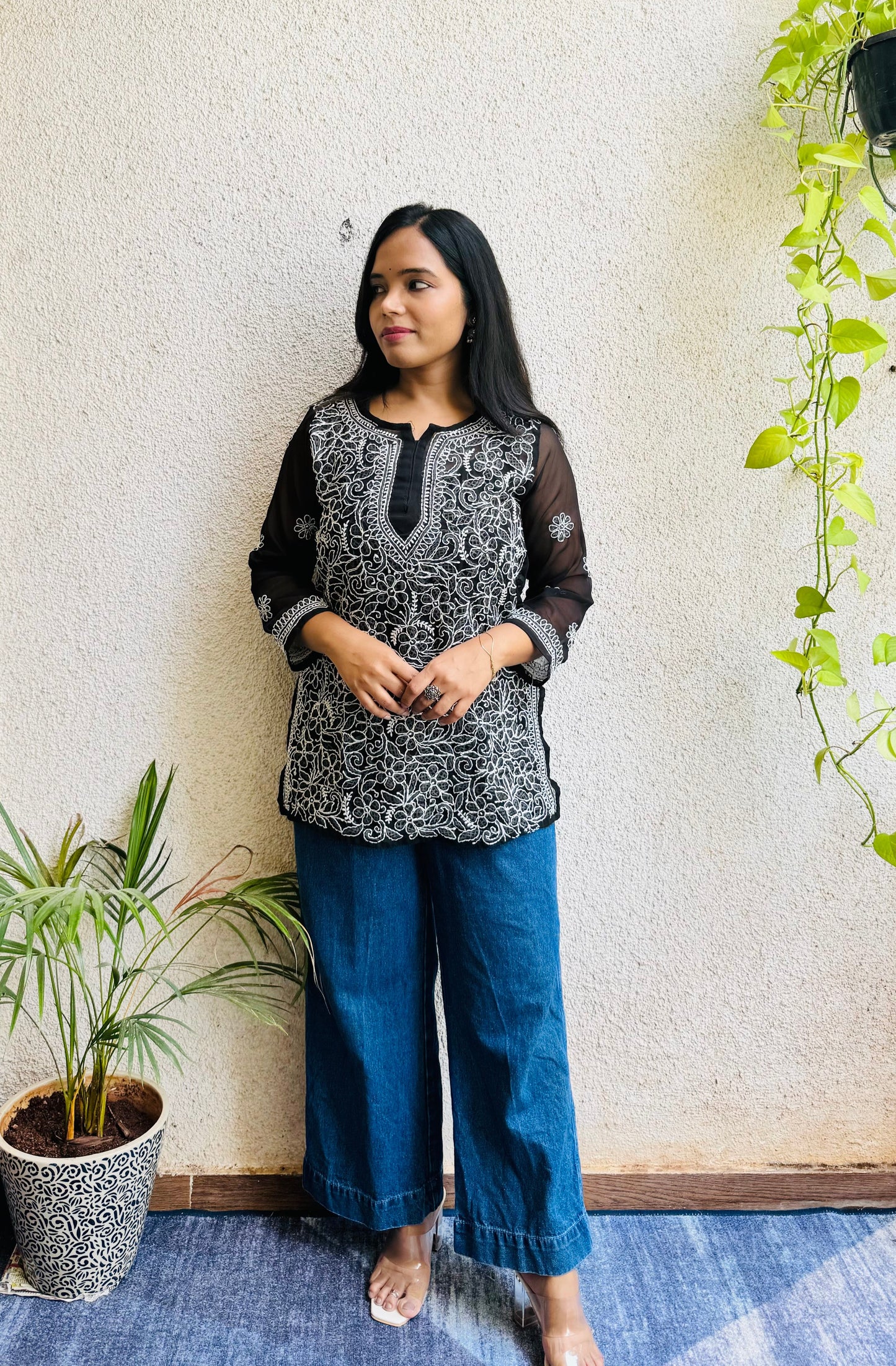 Riva Georgette short chikankari top with matching liner