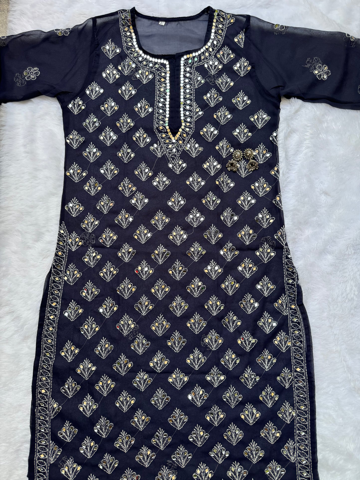 Georgette mirror work chikankari long kurta with matching liner