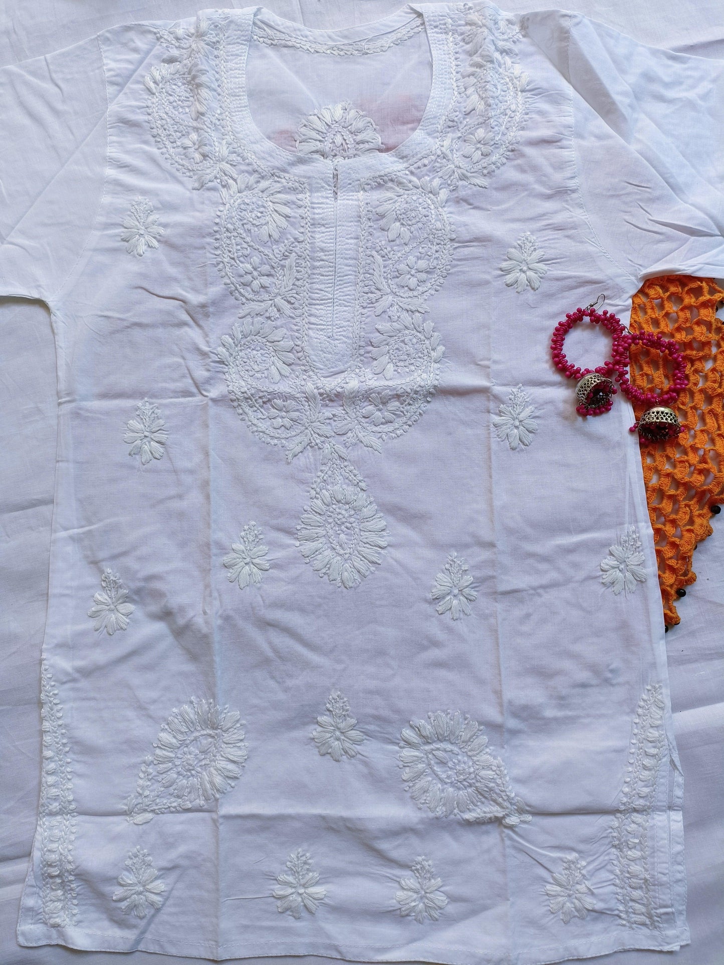 Label Aja Hand Embroidered Mul Cotton straight short kurti white - Label Aja Chikankari