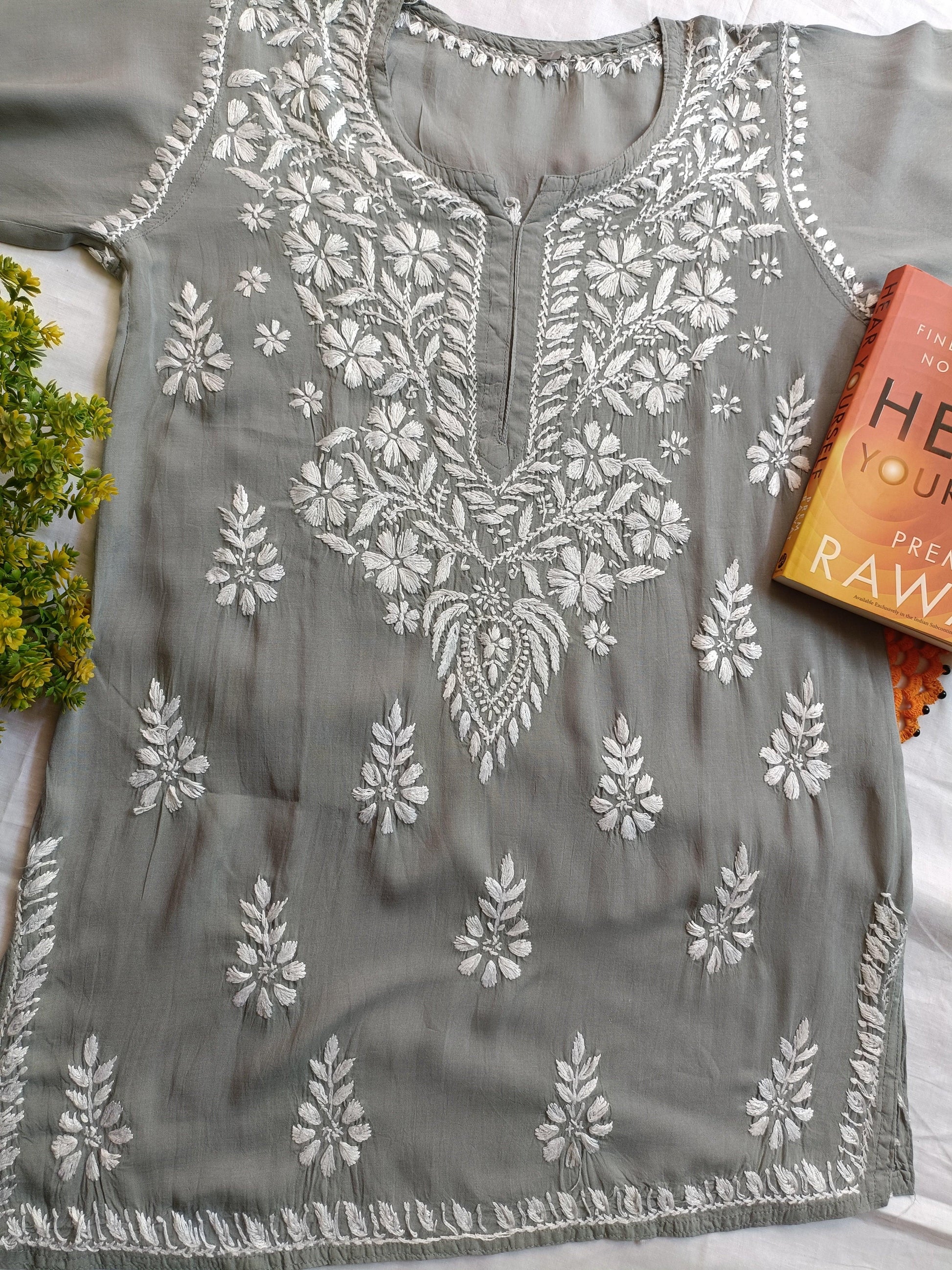 Label Aja Hand Embroidered Modal chikankari short kurti - Label Aja Chikankari