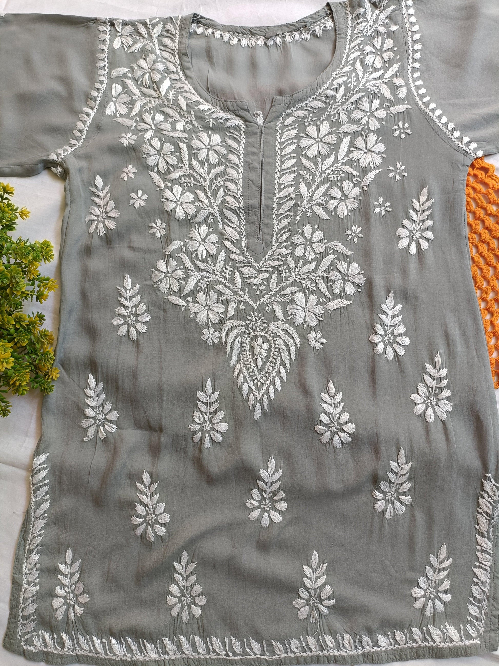 Label Aja Hand Embroidered Modal chikankari short kurti - Label Aja Chikankari