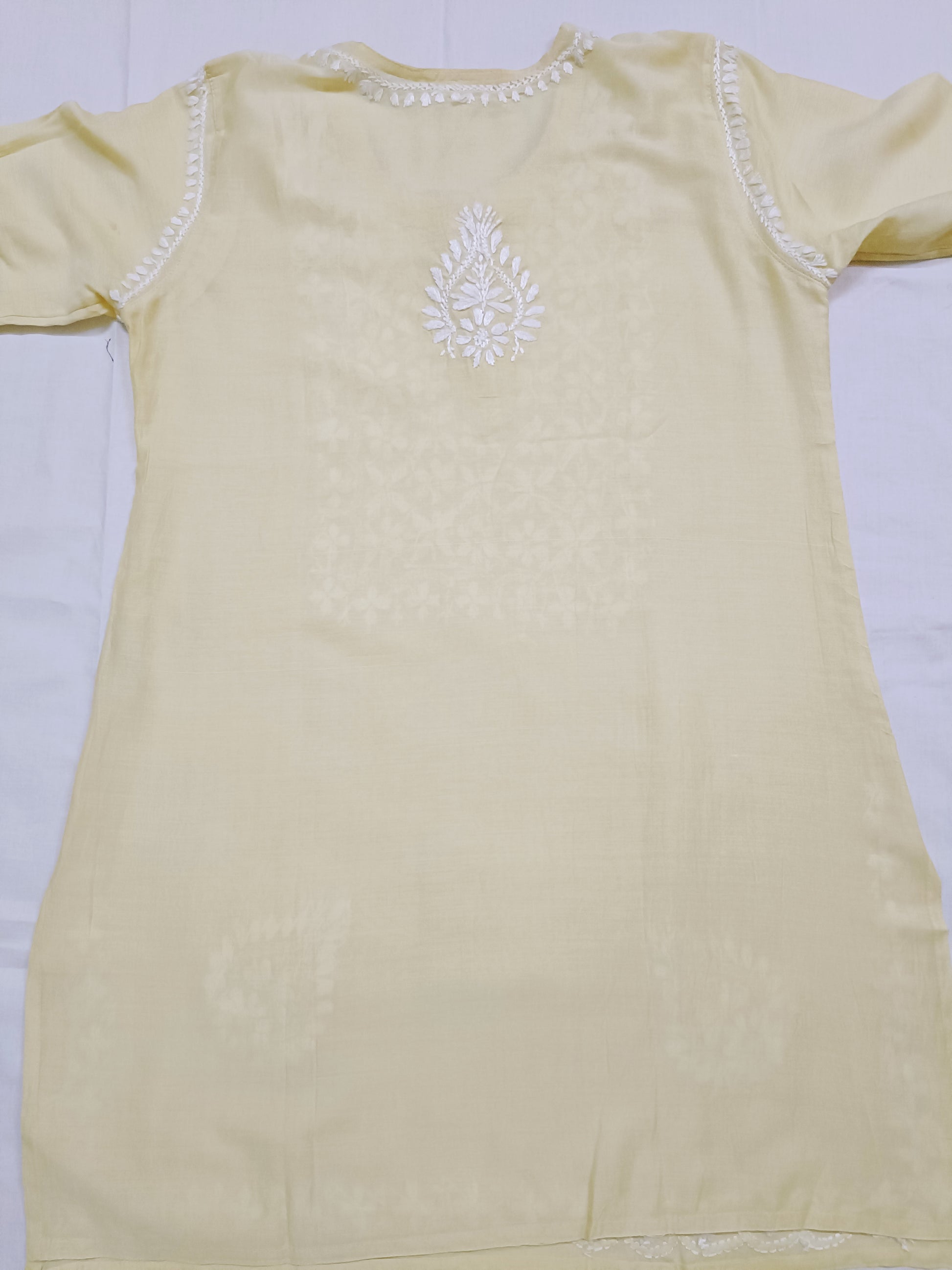 Label Aja Hand Embroidered Chanderi Short Lucknowi Chikankari Kurti - Label Aja Chikankari