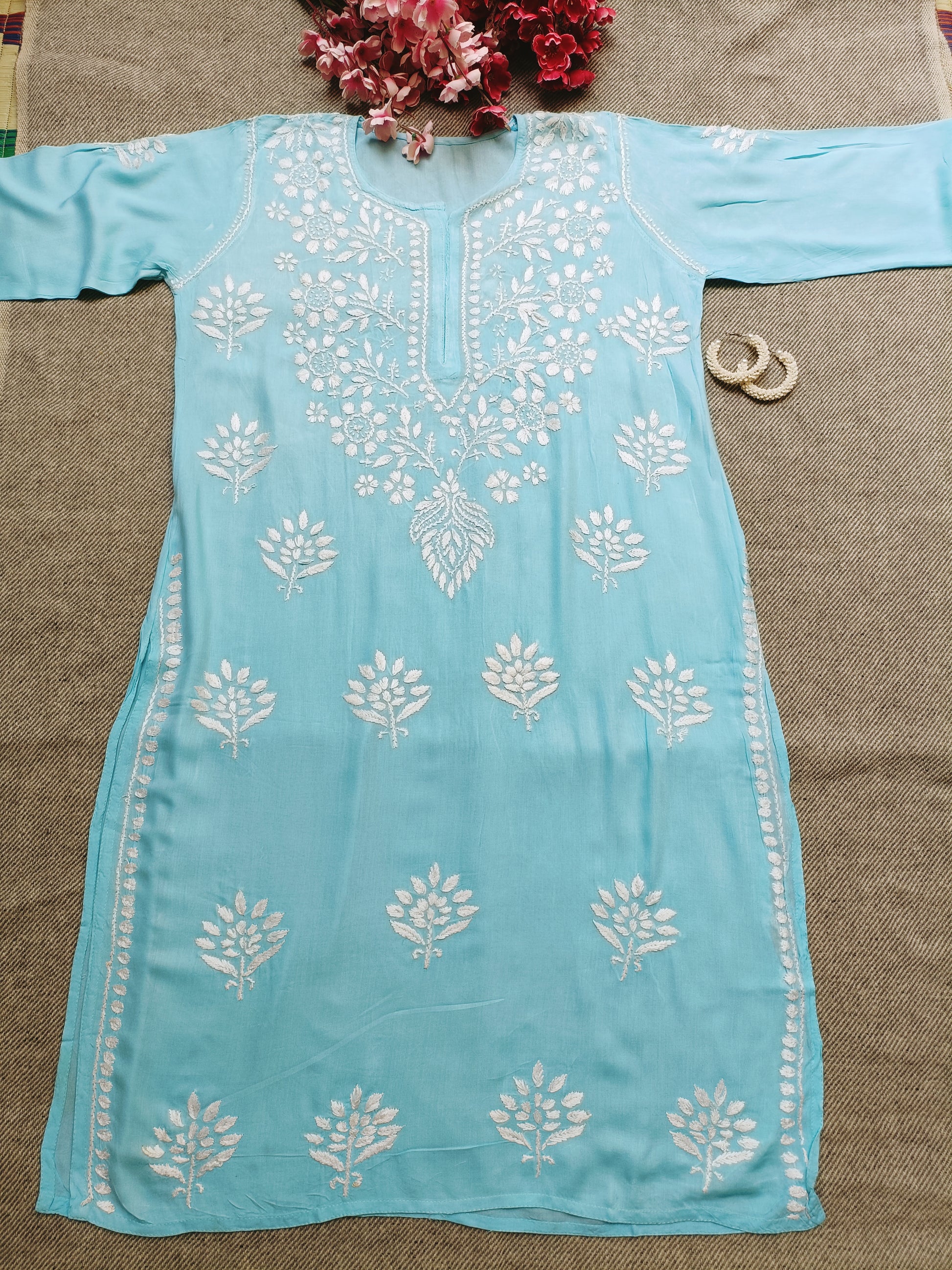 Label Aja Hand Embroidered Rayon cotton Lucknowi Chikankari Long Kurta - Label Aja Chikankari