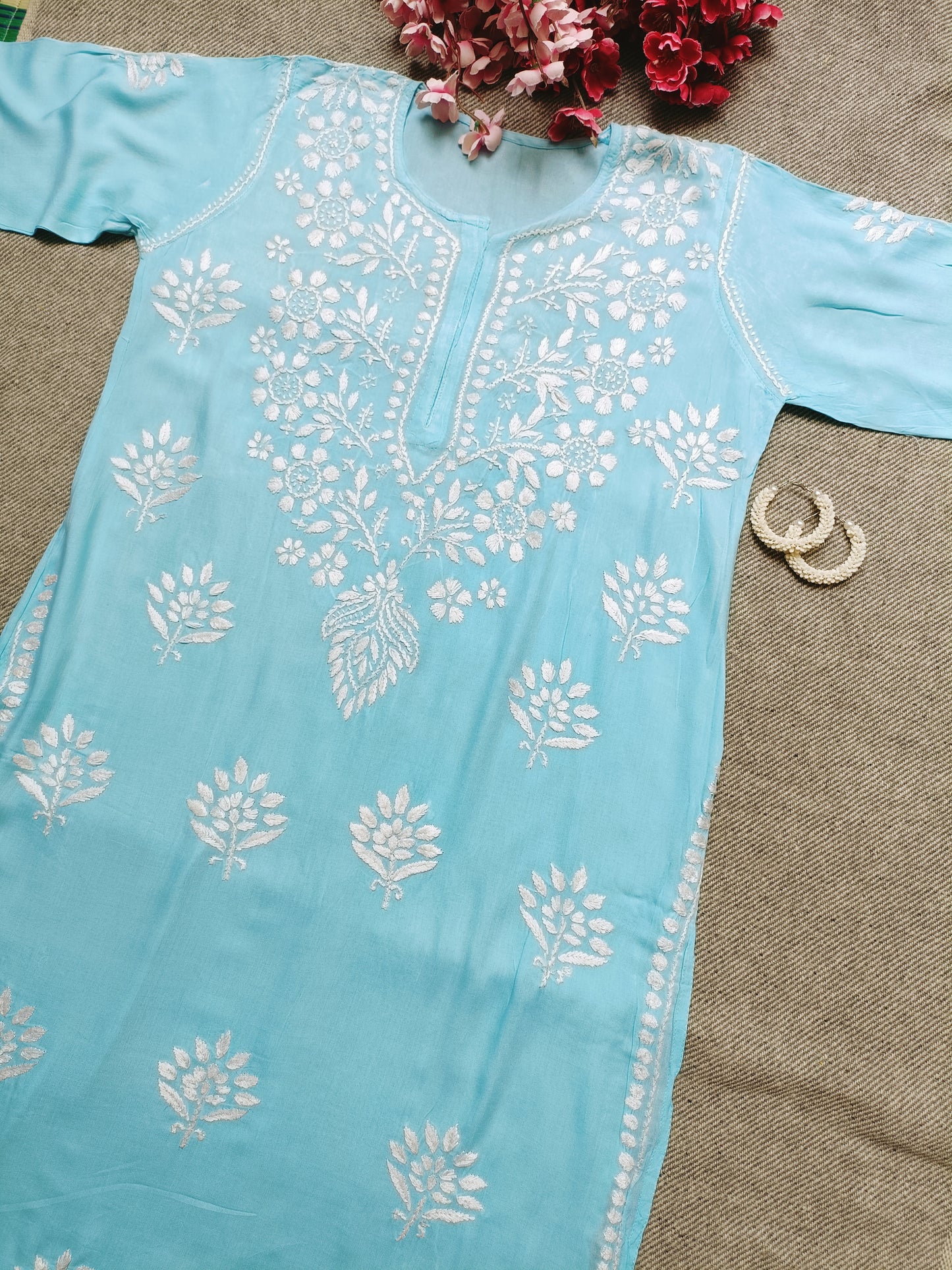 Label Aja Hand Embroidered Rayon cotton Lucknowi Chikankari Long Kurta - Label Aja Chikankari