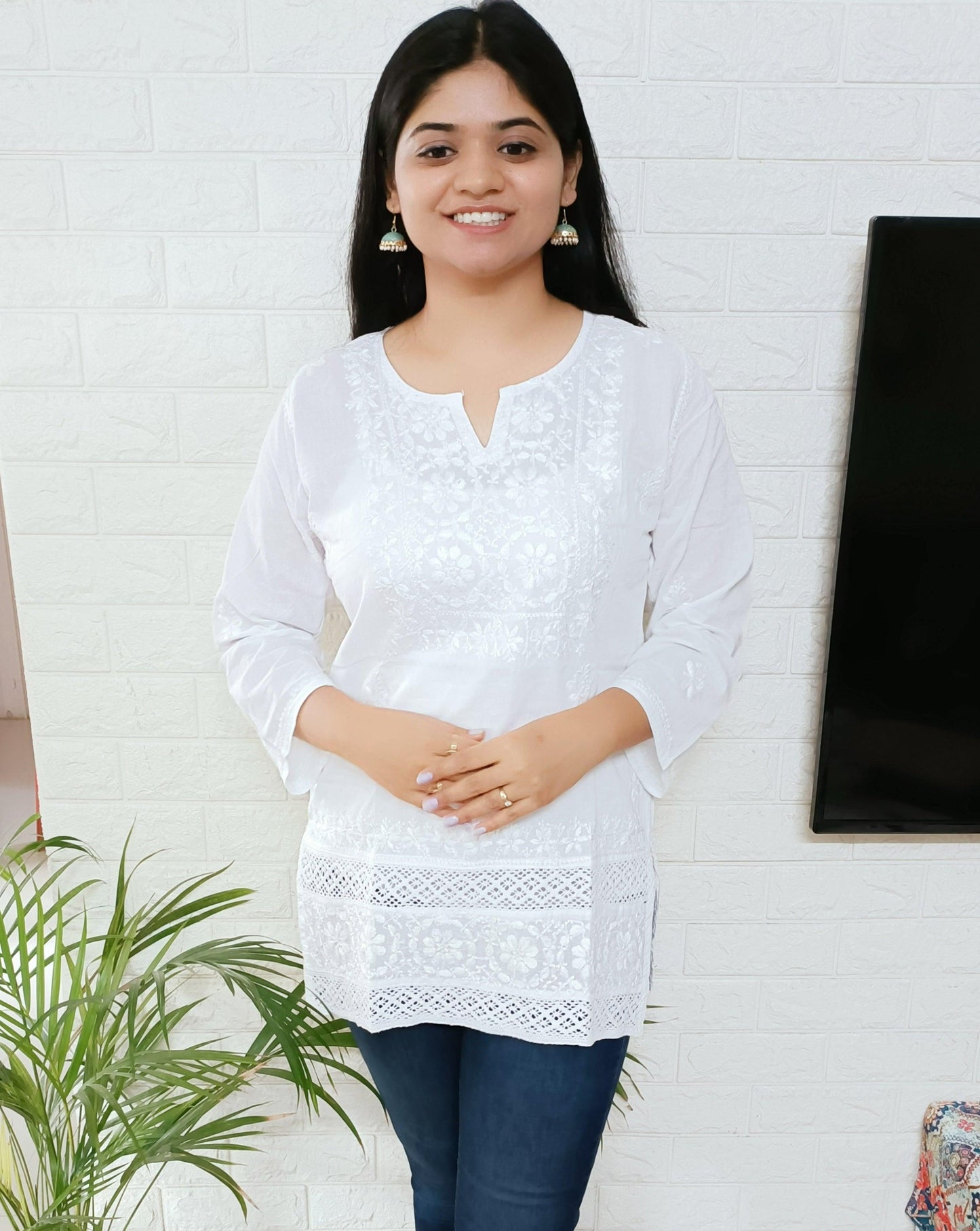 Label Aja Hand Embroidered Mul cotton white short top - Label Aja Chikankari