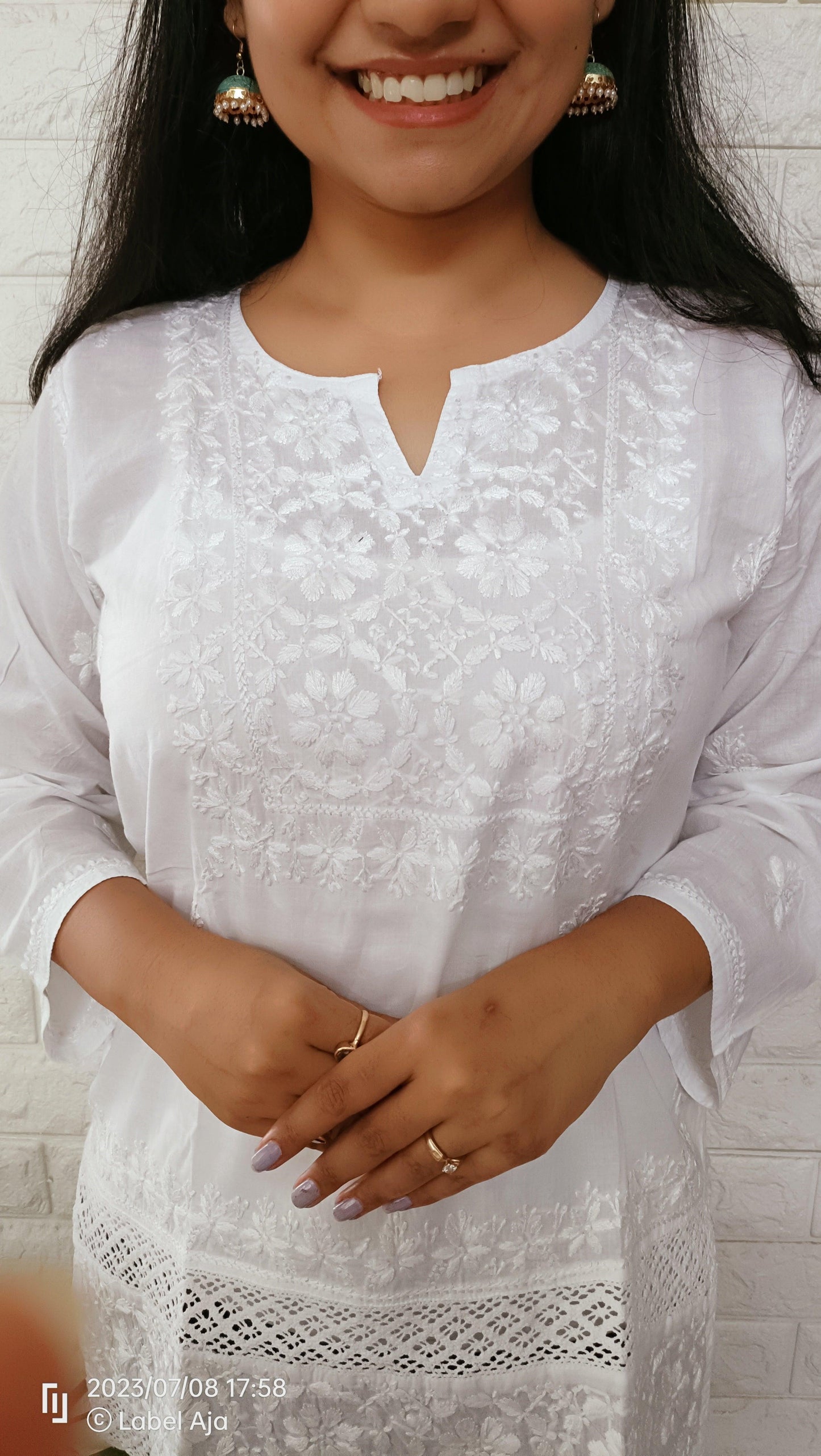 Label Aja Hand Embroidered Mul cotton white short top - Label Aja Chikankari