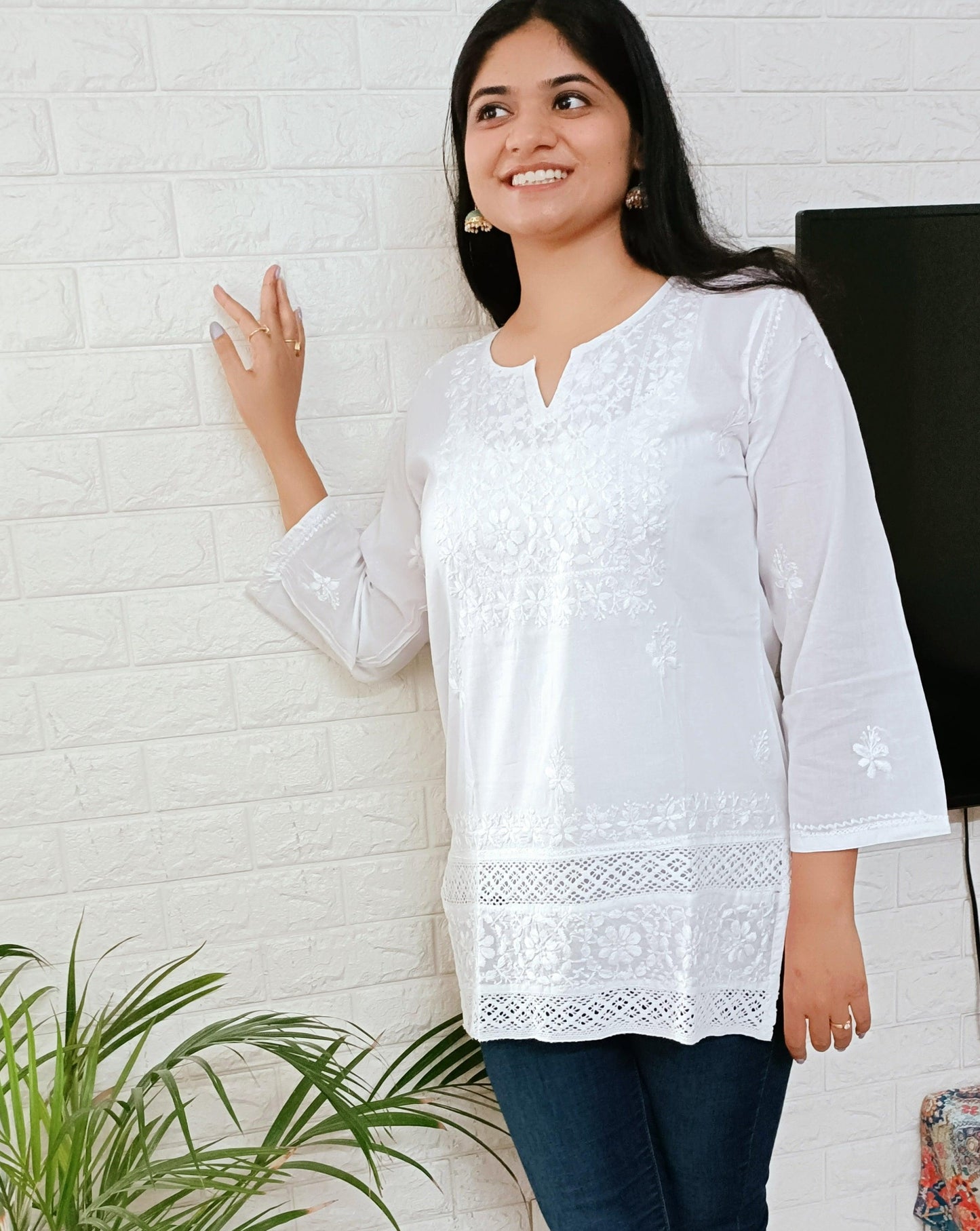 Label Aja Hand Embroidered Mul cotton white short top - Label Aja Chikankari