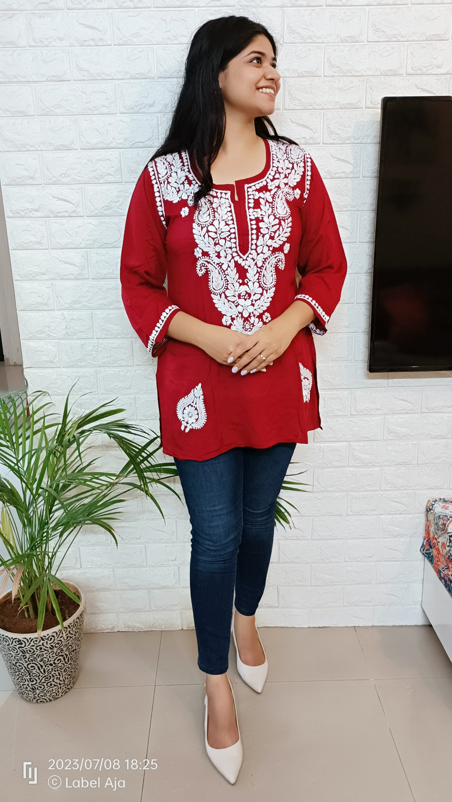 Label Aja Hand Embroidered Modal short kurti - Label Aja Chikankari