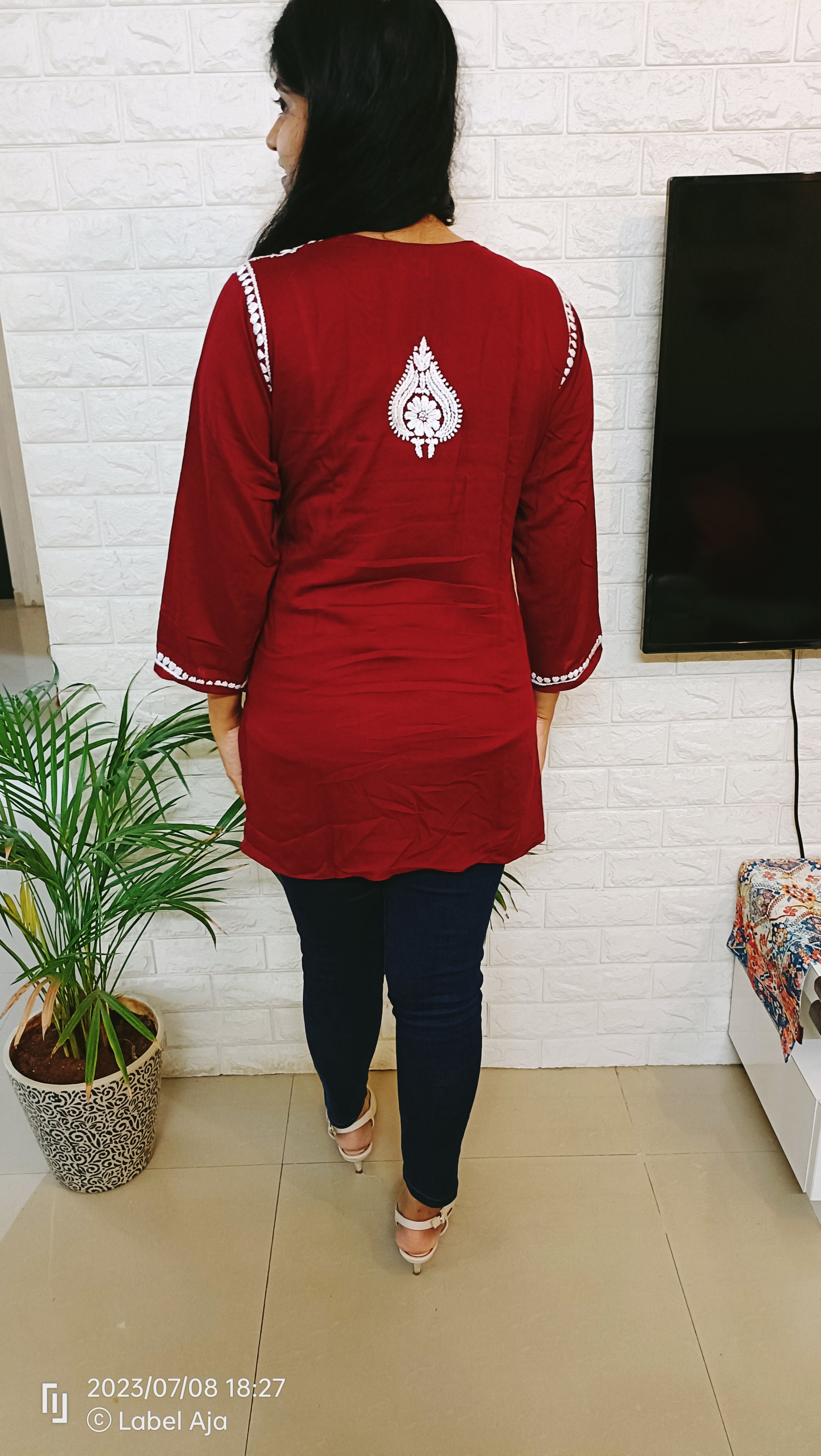 Label Aja Hand Embroidered Modal short kurti - Label Aja Chikankari