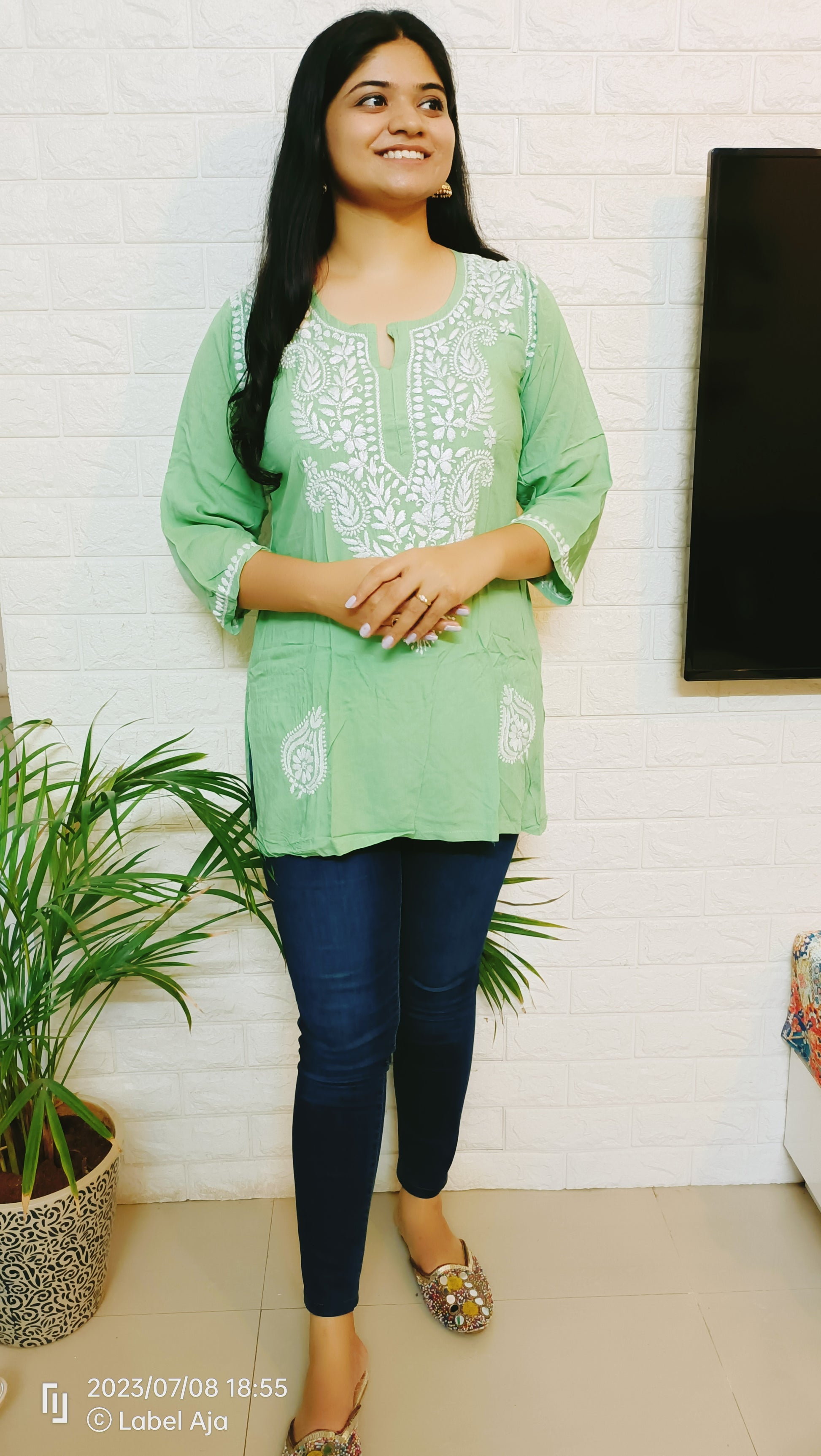 Label Aja Hand Embroidered Modal short kurti - Label Aja Chikankari