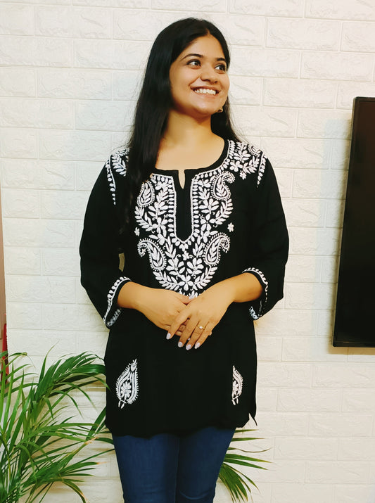 Label Aja Hand Embroidered Modal short black kurti - Label Aja Chikankari