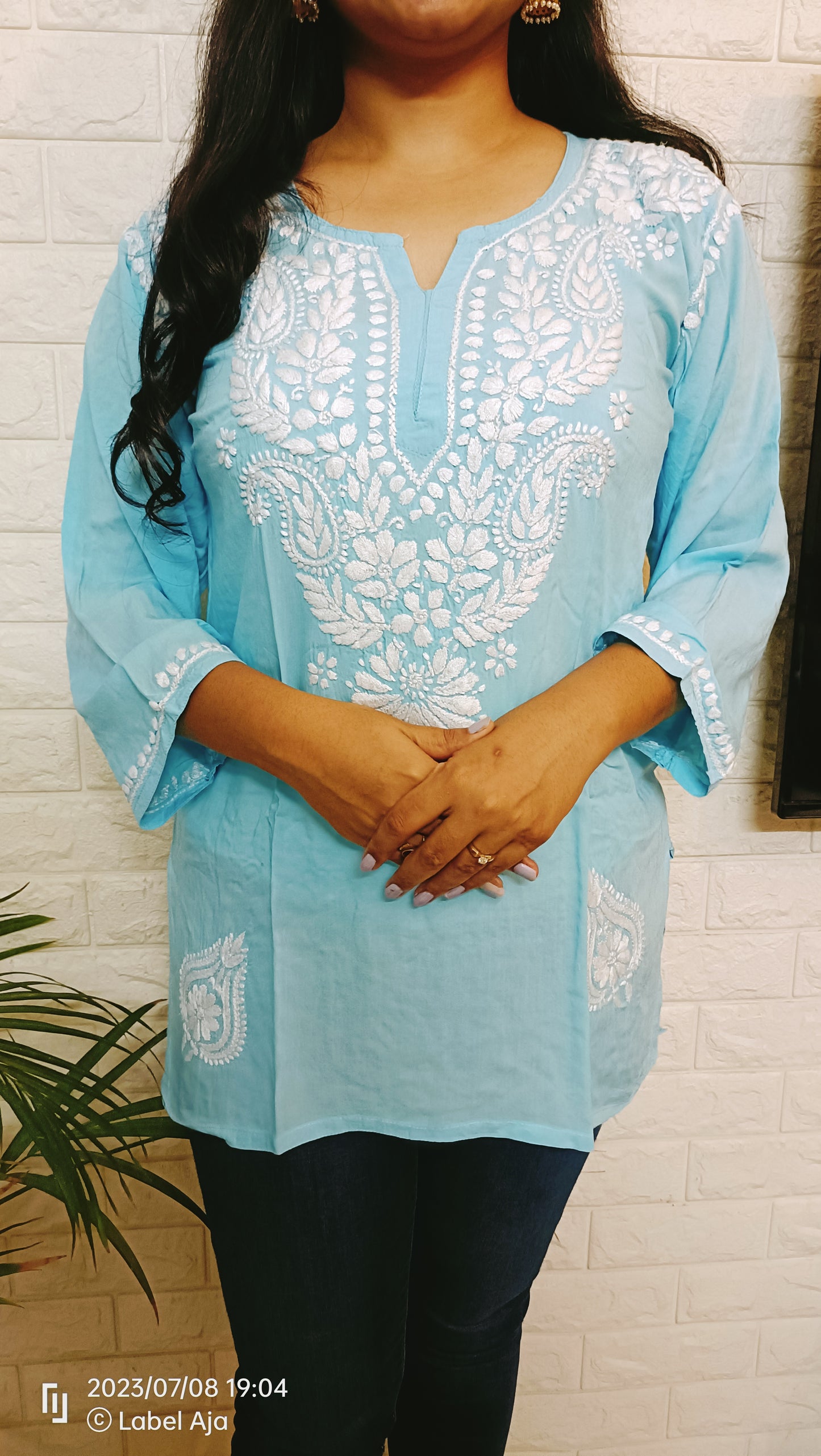 Label Aja Hand Embroidered Modal short kurti - Label Aja Chikankari