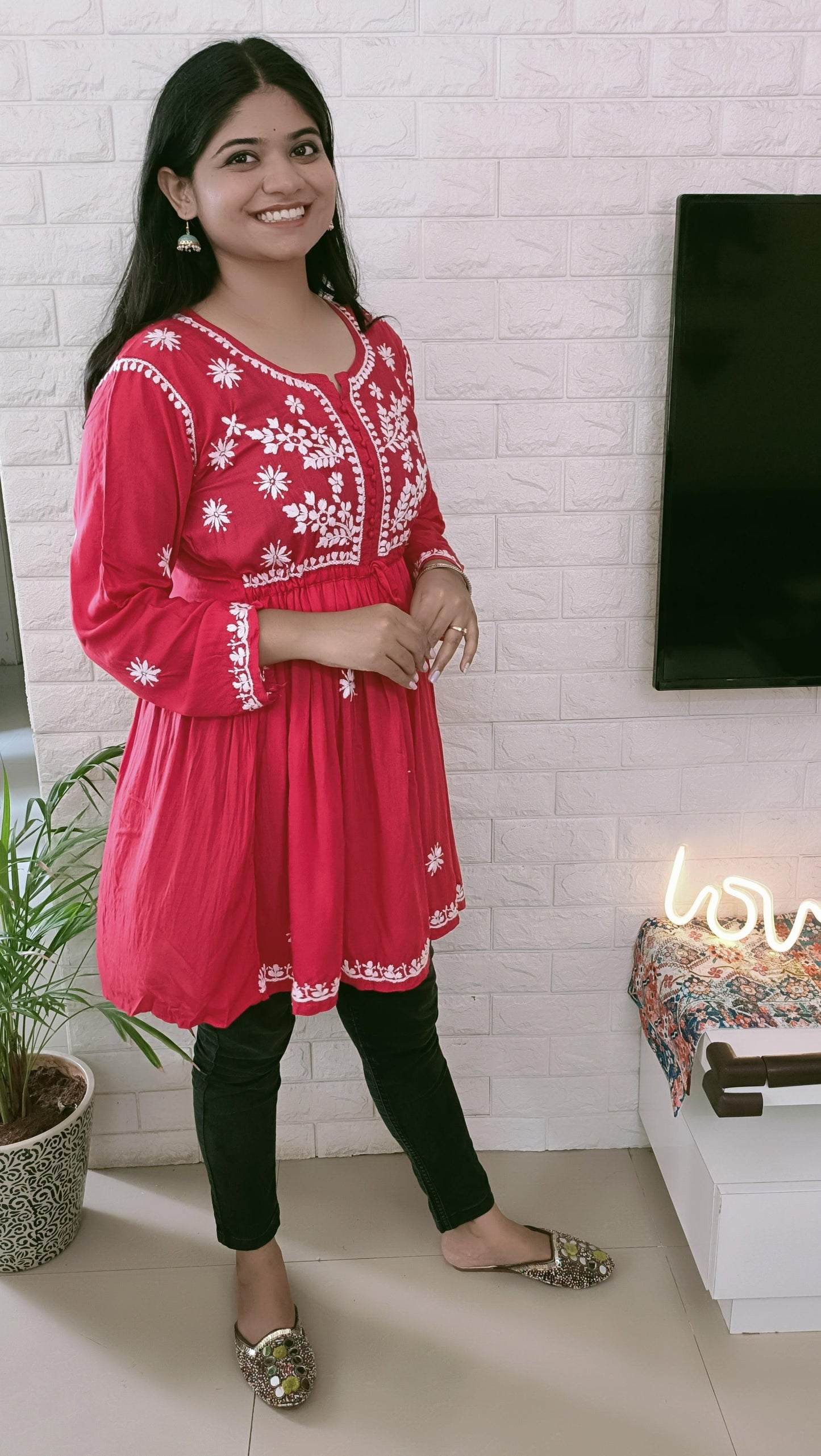 Label Aja Hand Embroidered Modal short kurti with adjustable waist dori - Label Aja Chikankari