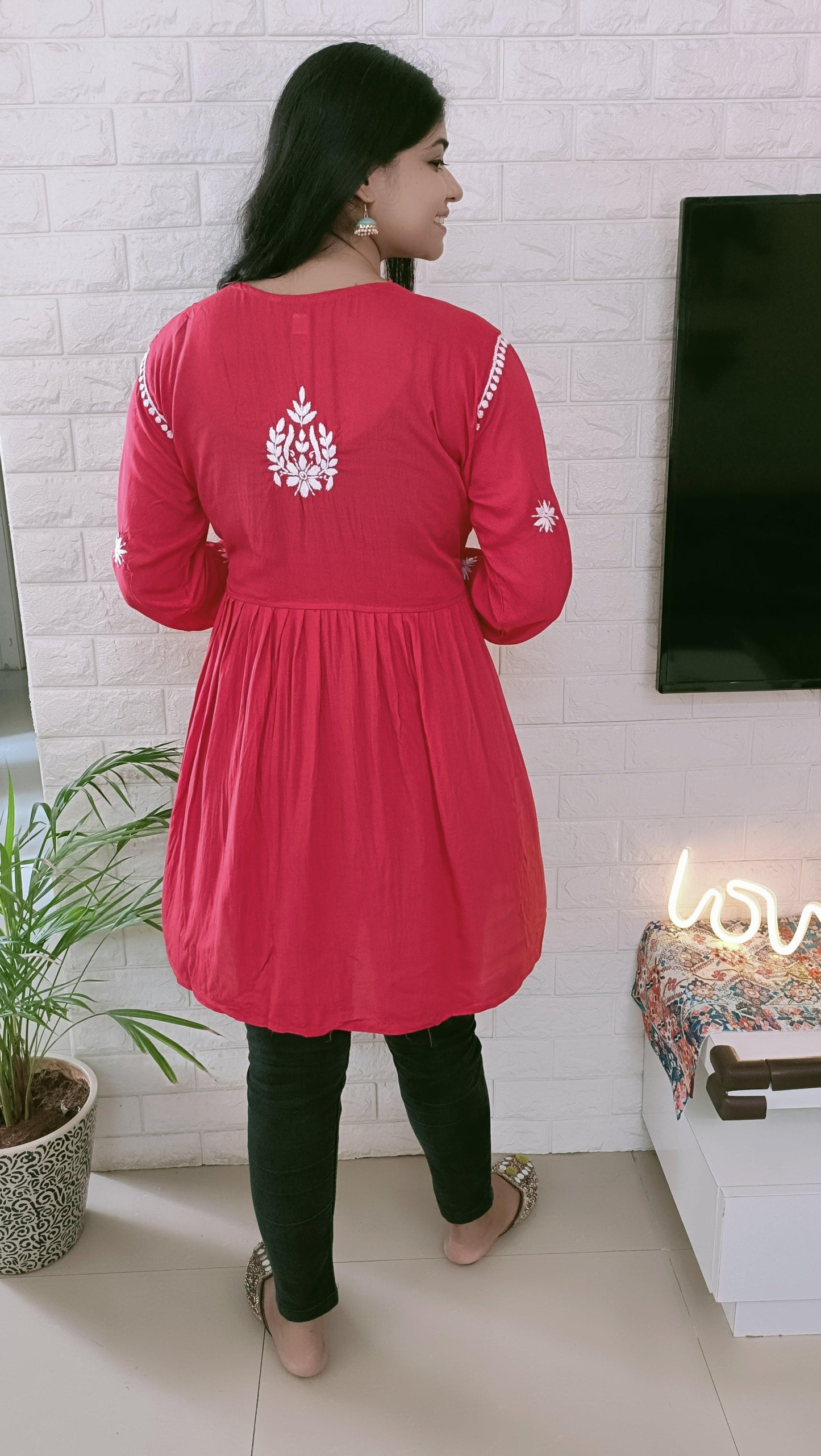 Label Aja Hand Embroidered Modal short kurti with adjustable waist dori - Label Aja Chikankari