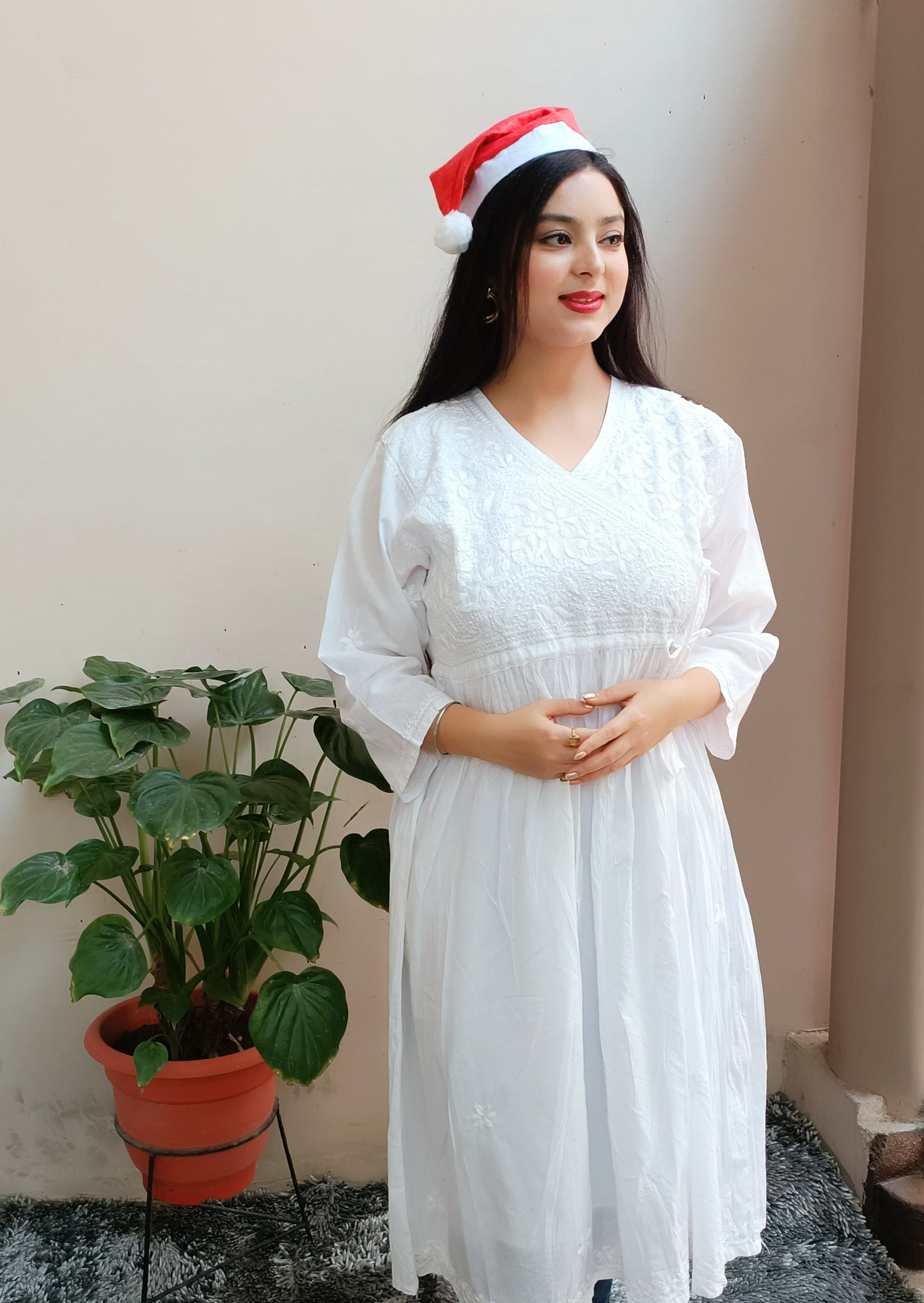 Label Aja Hand Embroidered Mul Cotton Angarakha style long kurta - Label Aja Chikankari