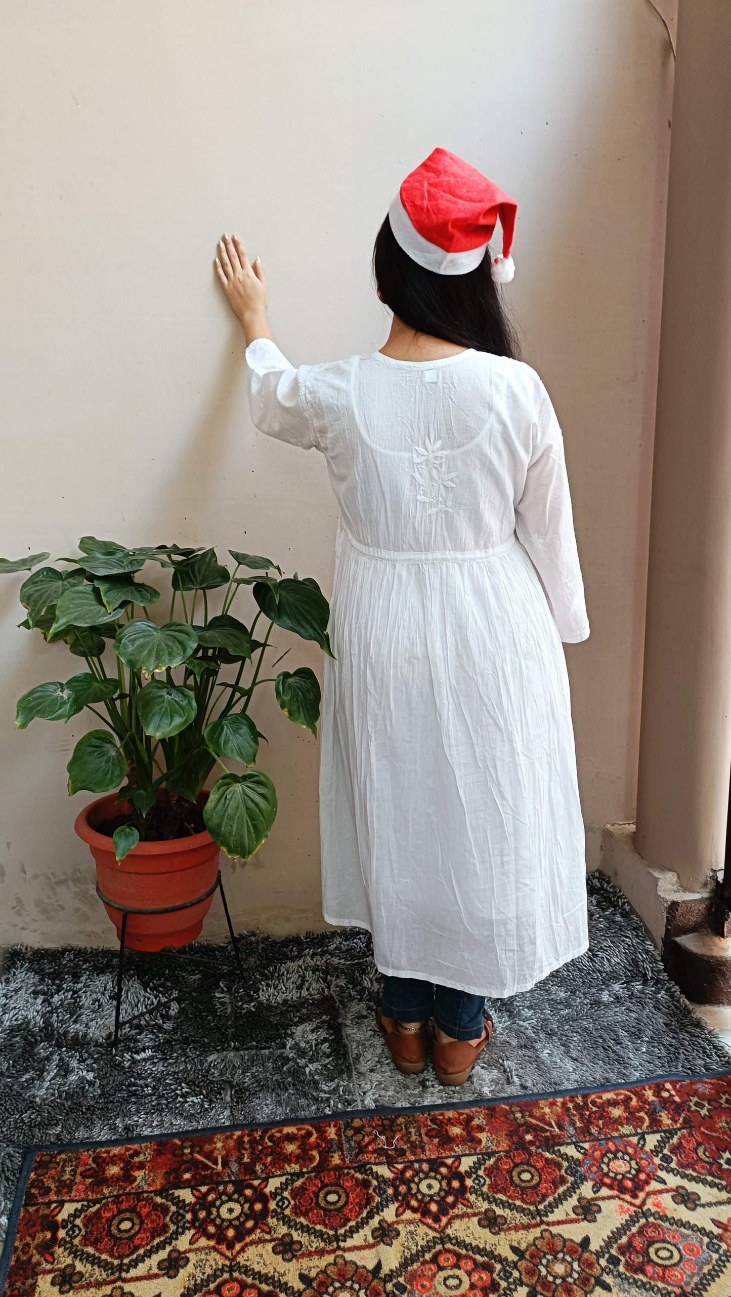 Label Aja Hand Embroidered Mul Cotton Angarakha style long kurta - Label Aja Chikankari