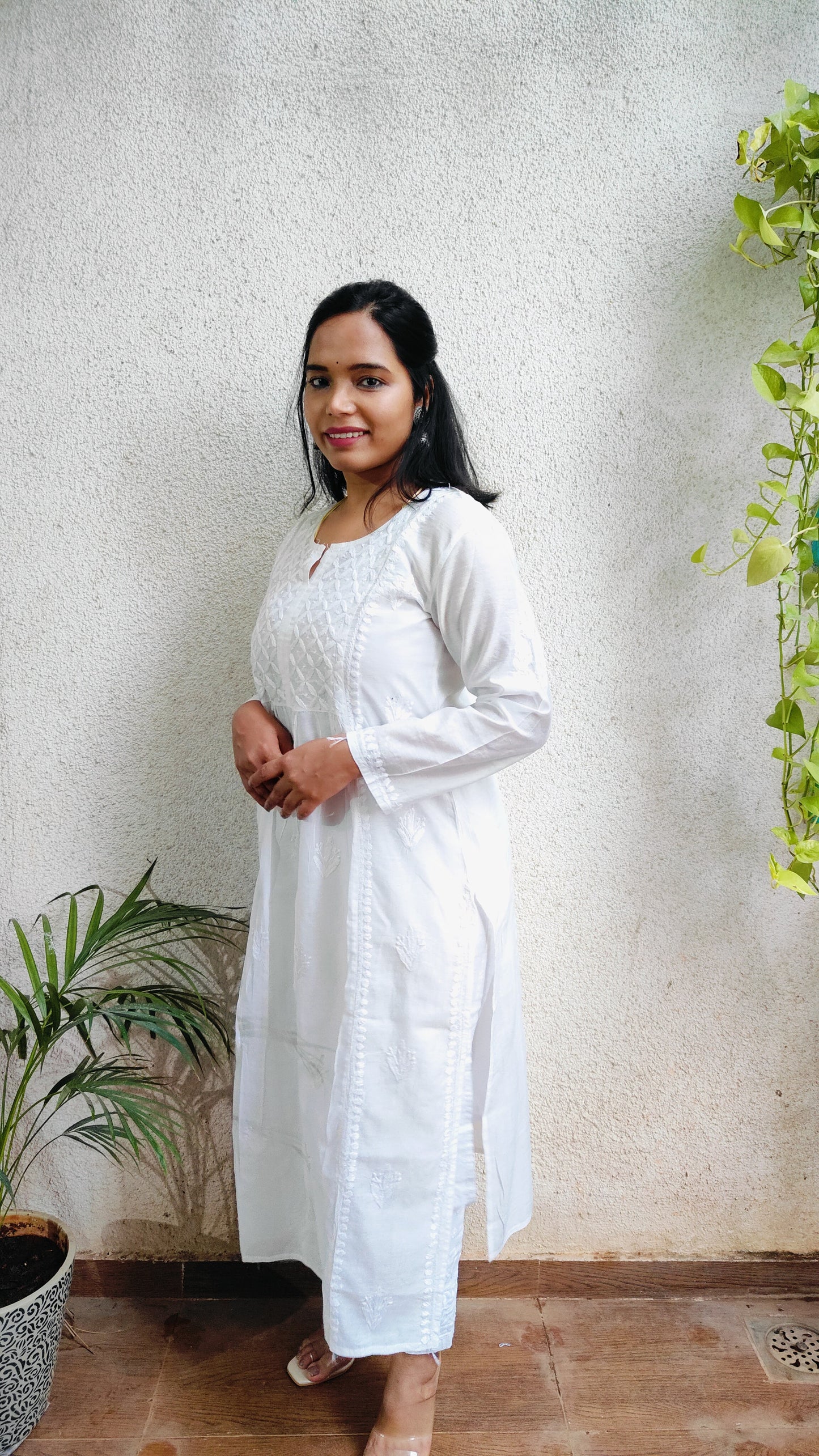 Nyra Chanderi silk Chikankari long kurti