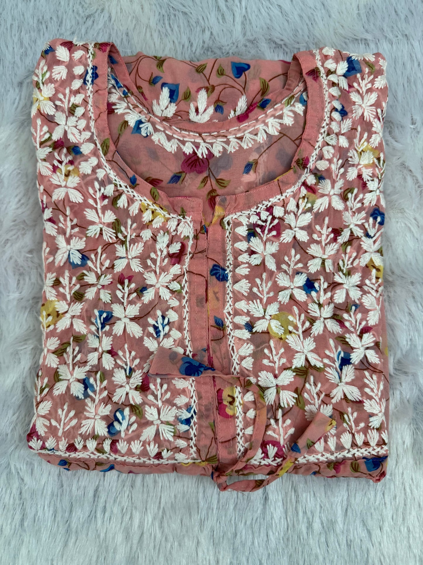 Georgette Short Lucknowi chikankari printed kurti