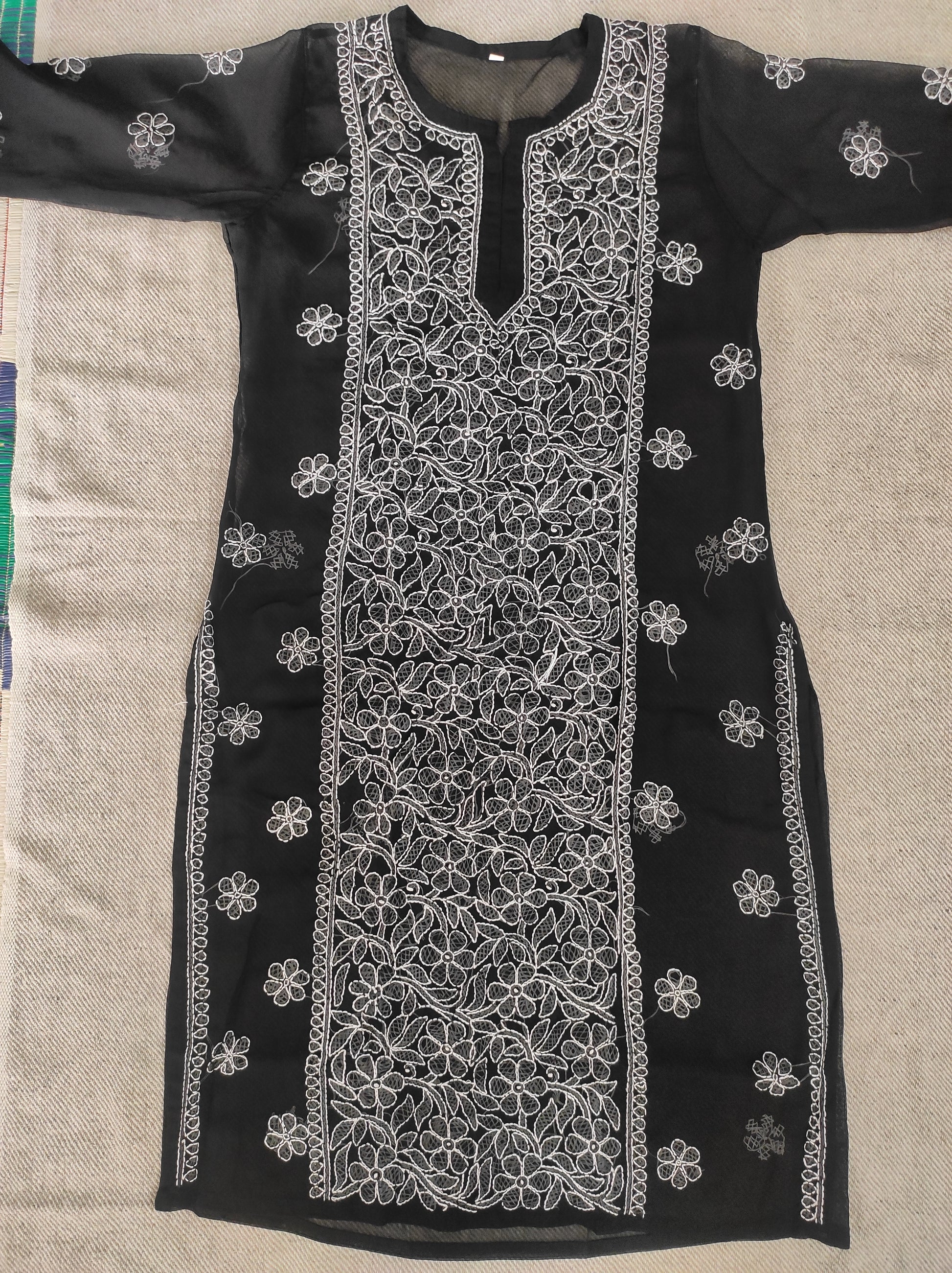 Label Aja Hand Embroidered Georgette long Lucknowi chikankari kurta - Label Aja Chikankari